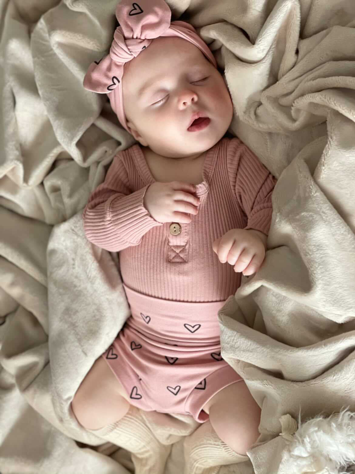 Black Hearts on Dusty Pink Bummies and/or Headbands