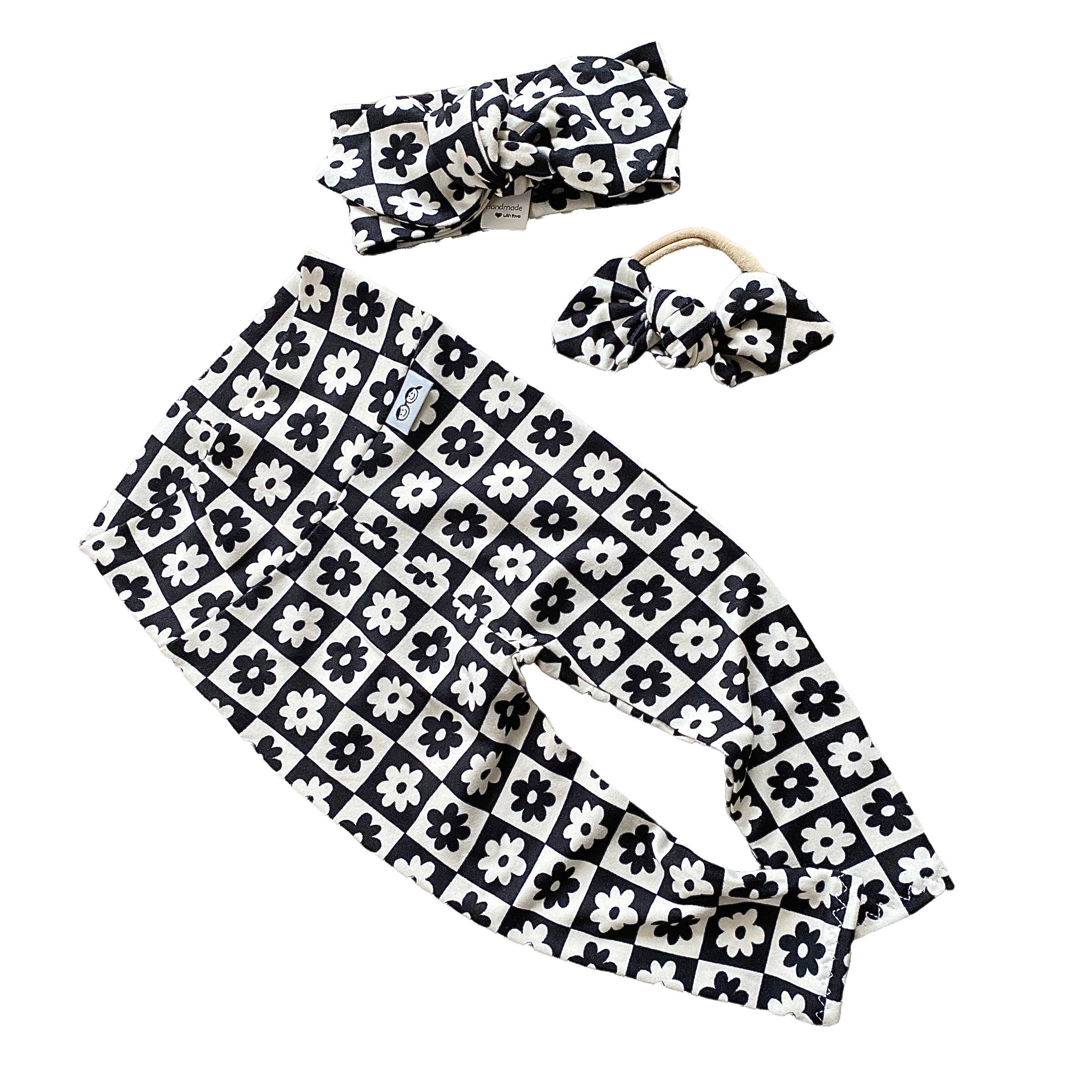 Black and Ivory Checkered Florals Leggings and/or Headbands