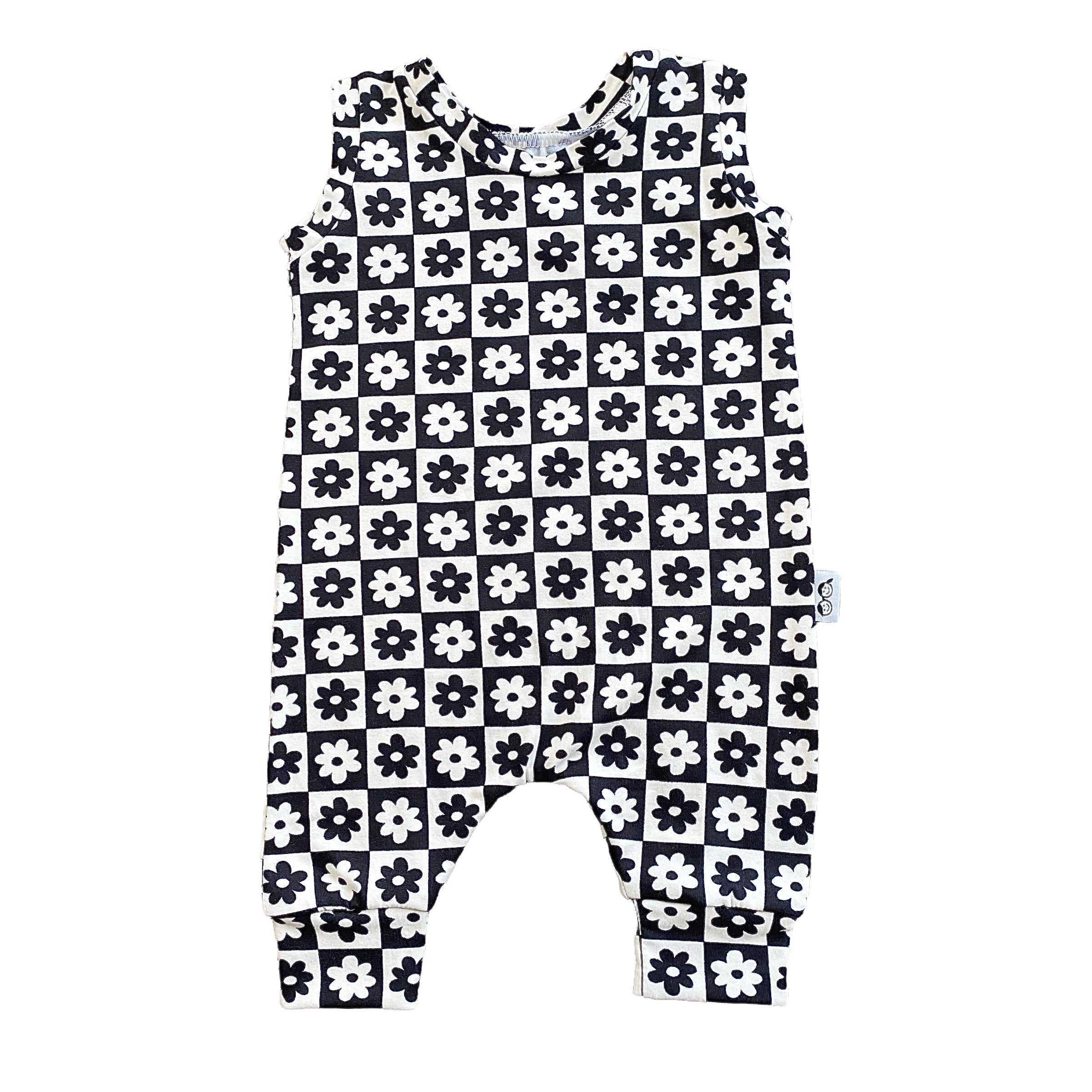 Black and Ivory Checkered Florals Harem Romper