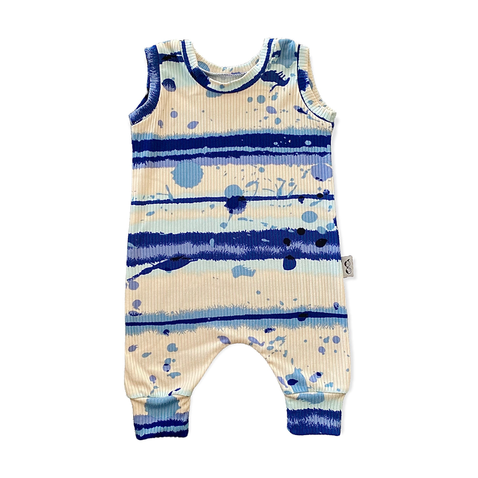Blue Abstract Stripe Ribbed Harem Romper