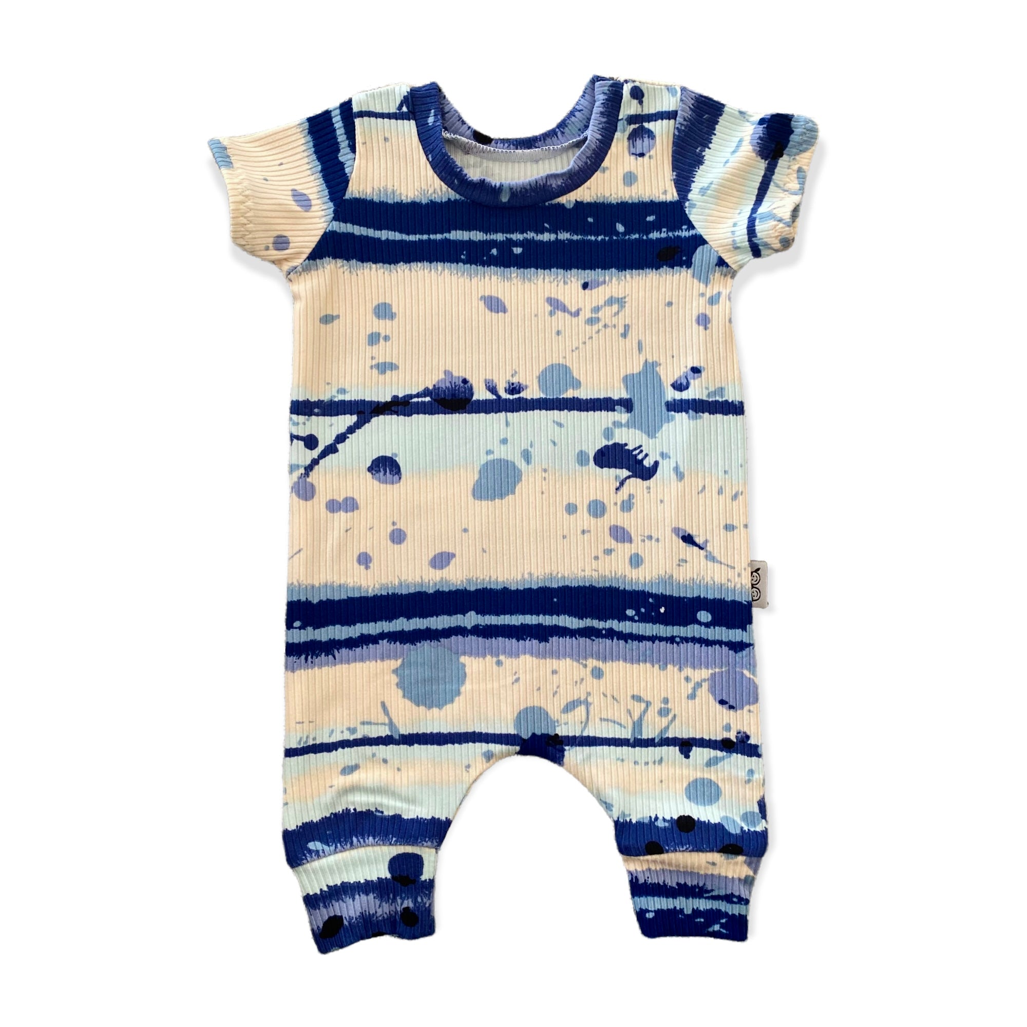 Blue Abstract Stripe Ribbed Harem Romper