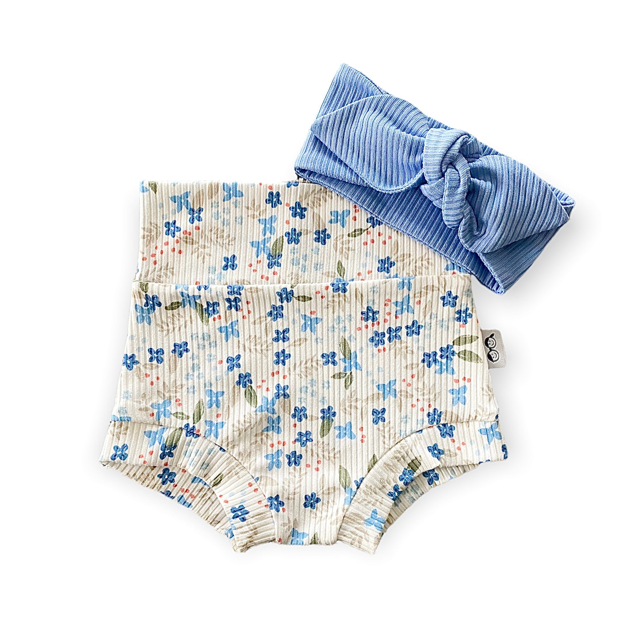 Blue Tone Dainty Flowers on White Rib Bummies with Blue Rib Headband