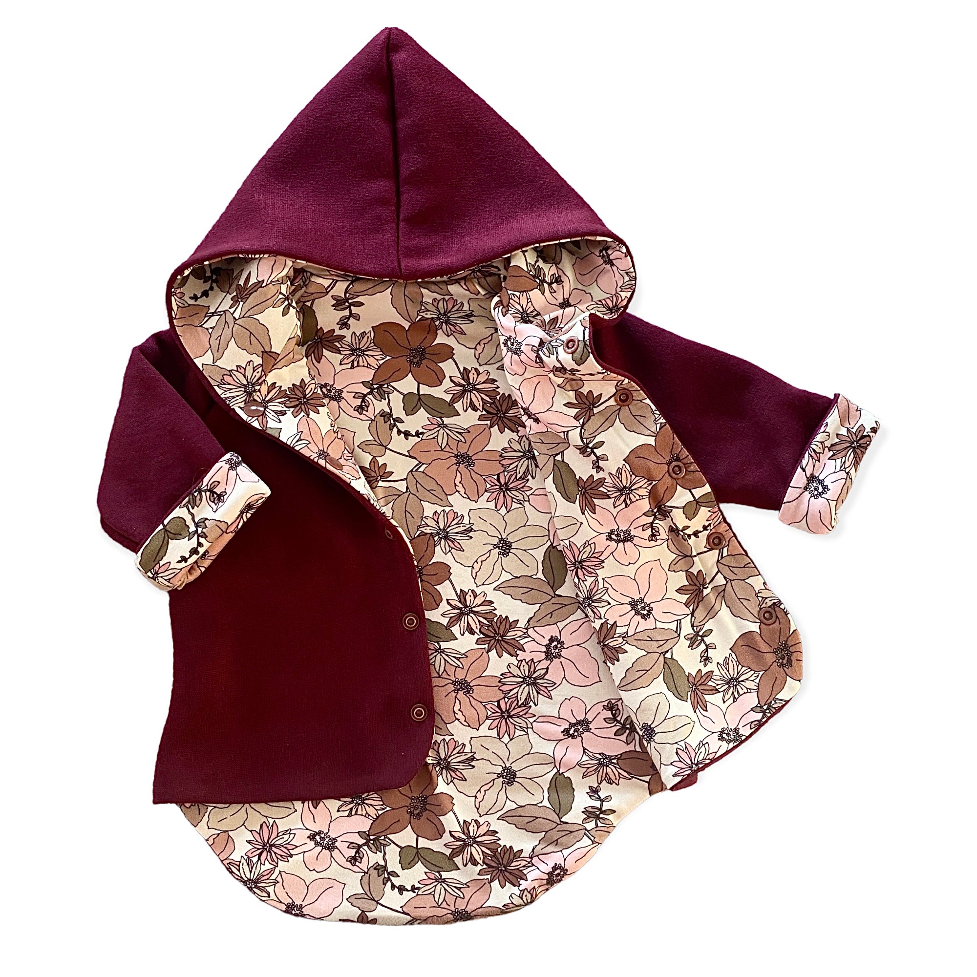 Burgundy and Nude Boho Floral Hooded Jacket
