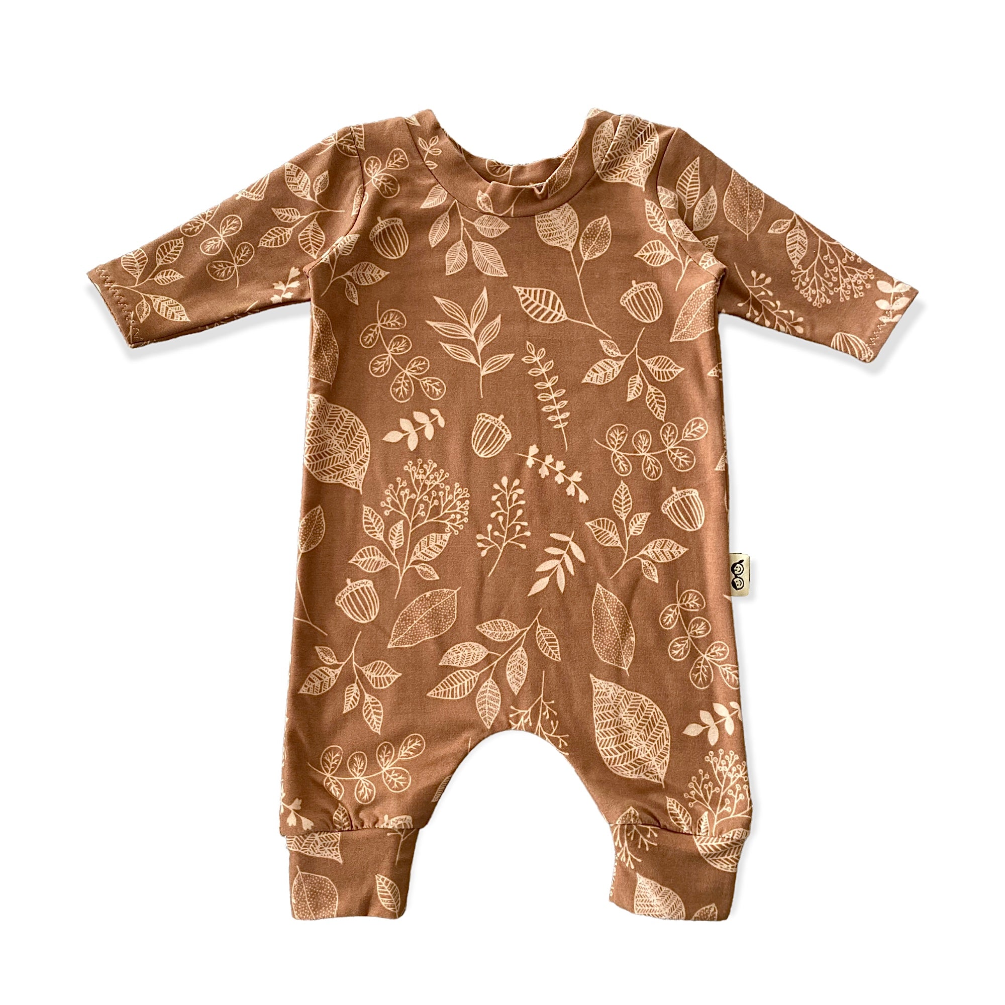 Hand Drawn Florals on Brown Harem Long-Sleeve Romper