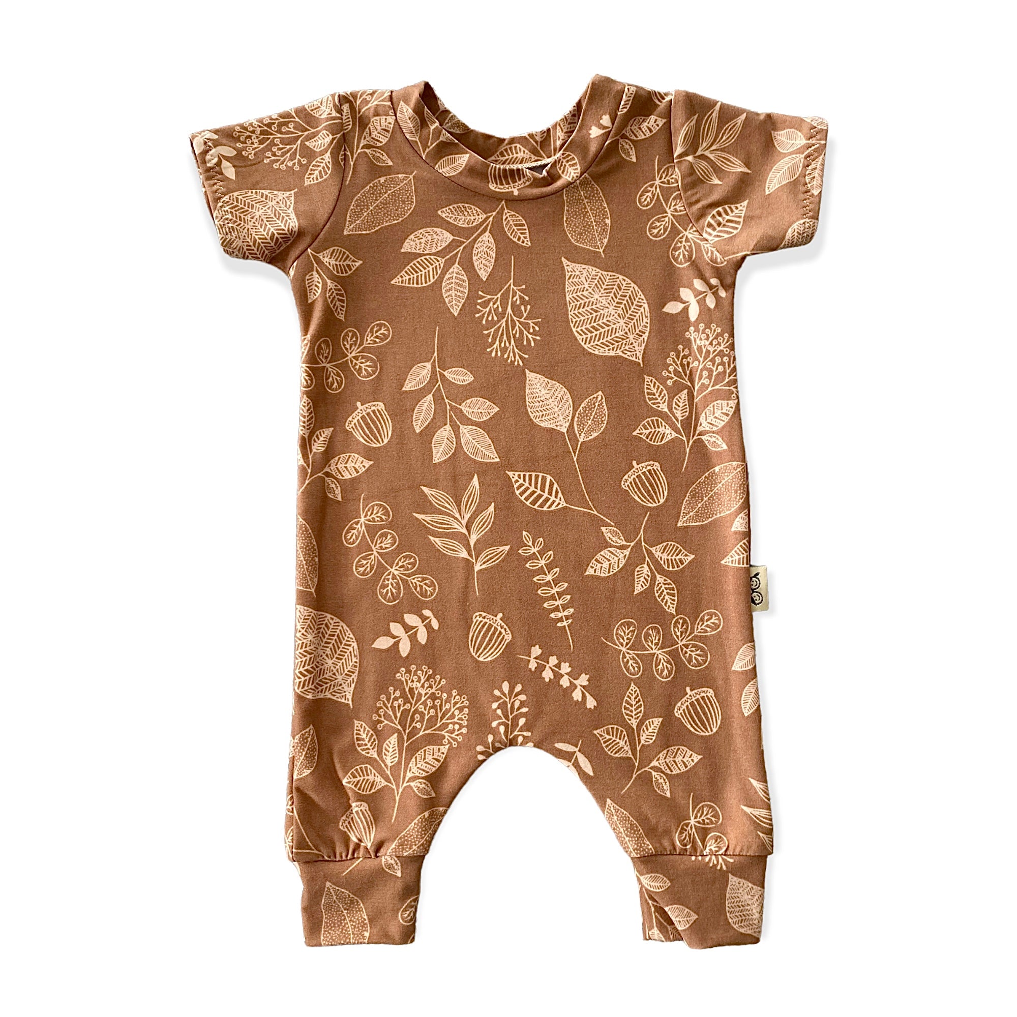 Hand Drawn Florals on Brown Harem Short-Sleeve Romper