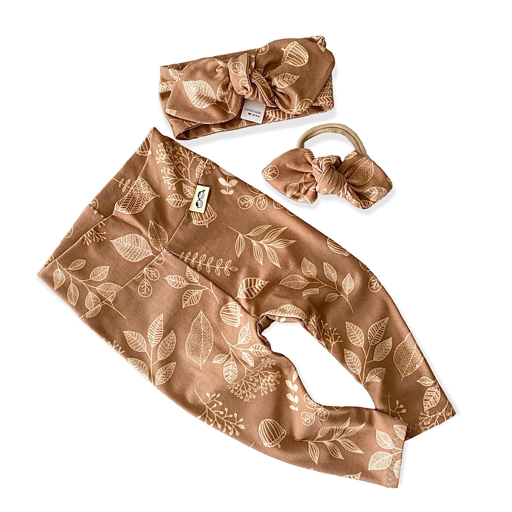 Hand Drawn Florals on Brown Leggings and/or Headbands