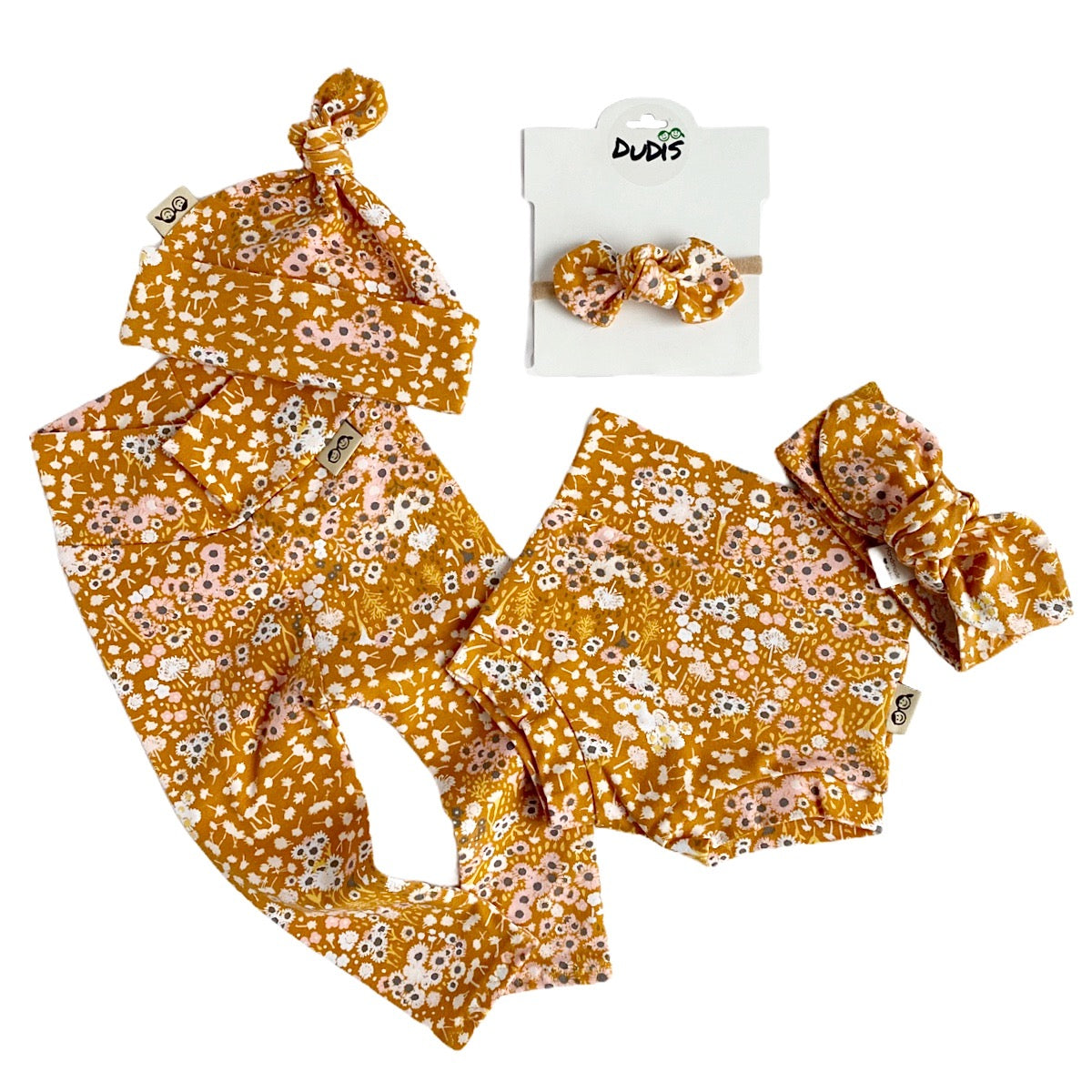 Mustard Floral Leggings and/or Beanie Knot Hat