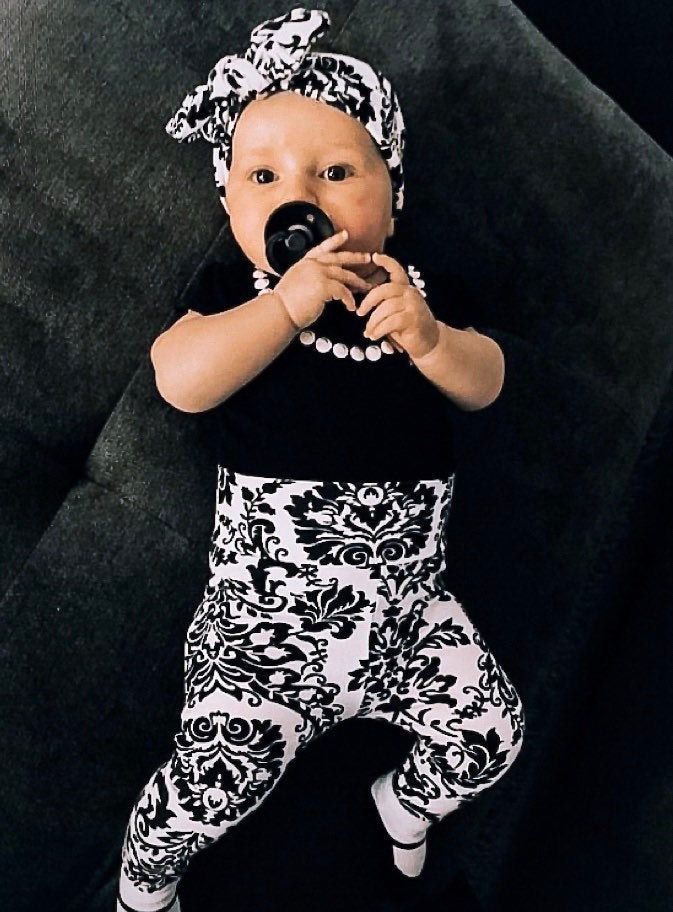 Black & White Damask Print Leggings and/or Headbands