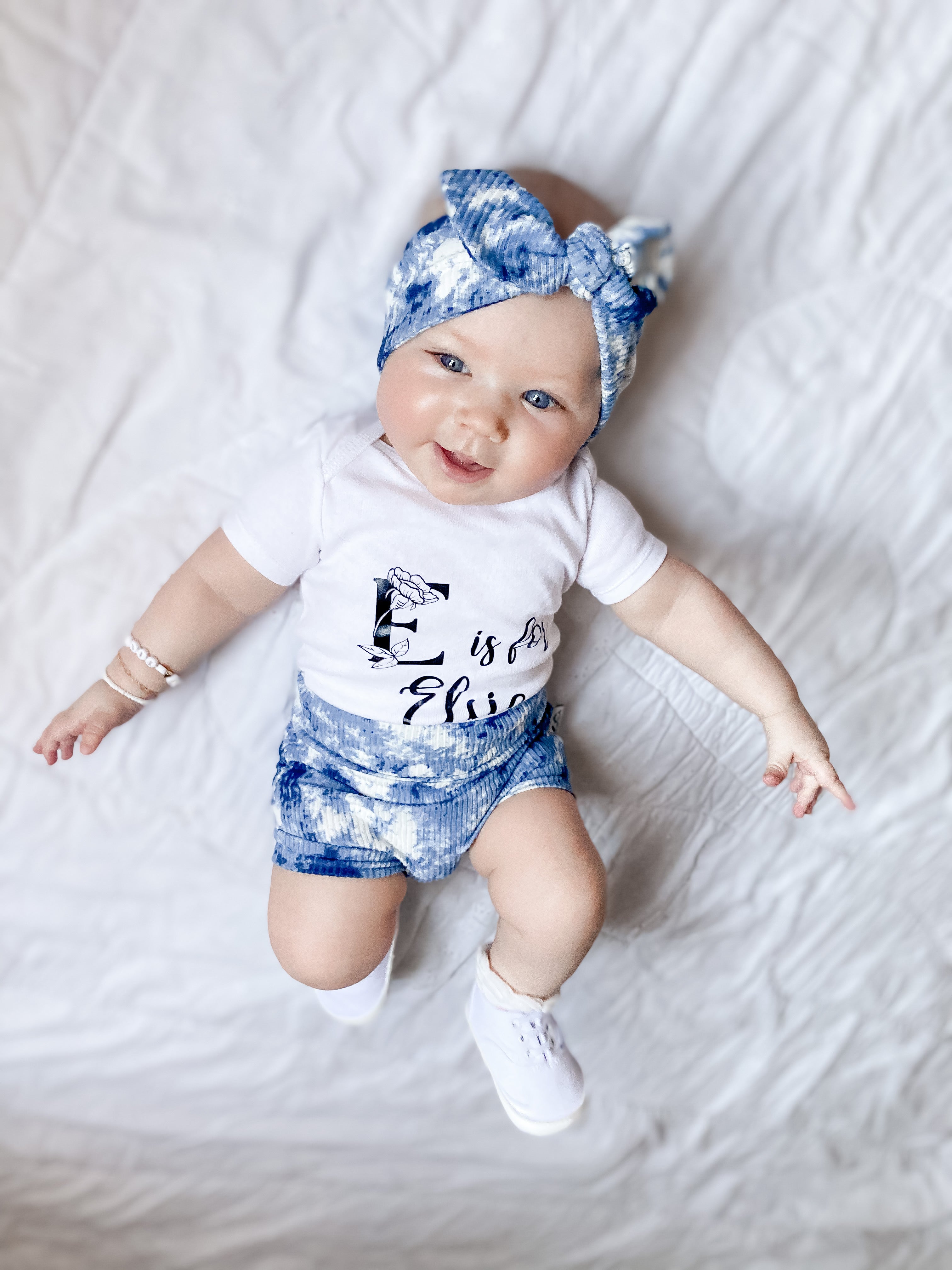 Baby Girl in Denim Tie Dye Ribbed Bummies