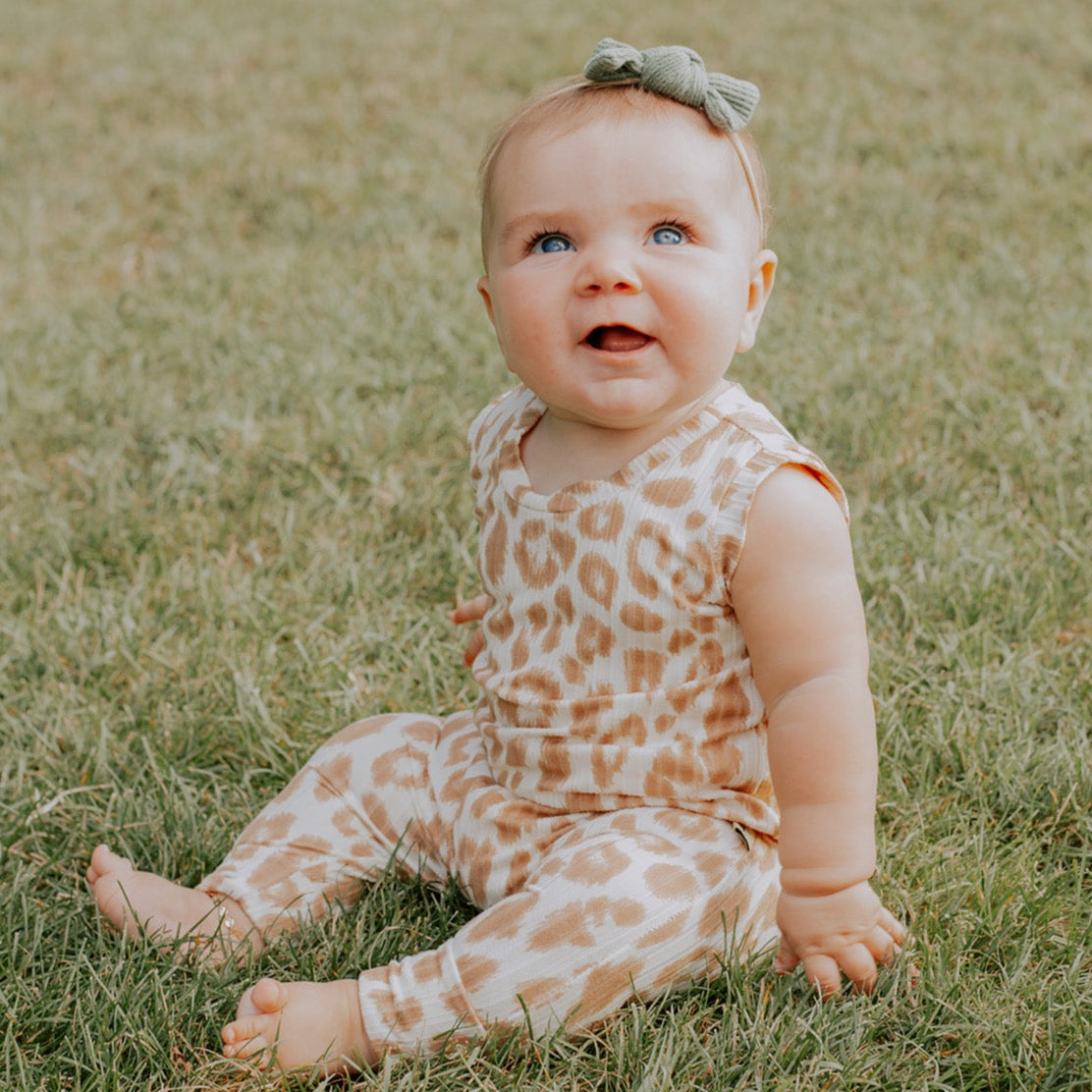 Baby wearing Taupe Cream Rib Harem Romper