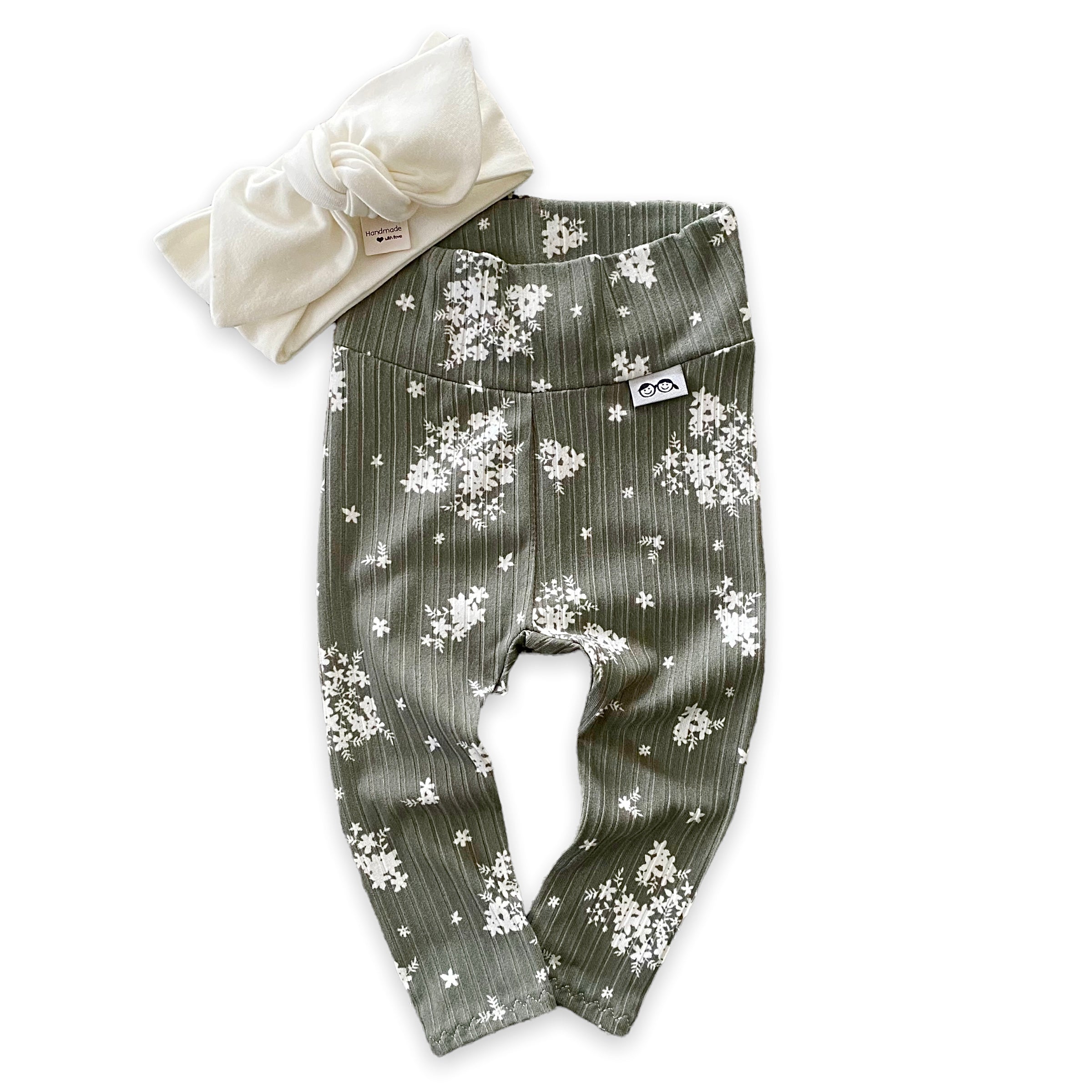 Minimal Floral Olive Ribbed Leggings with White Headband