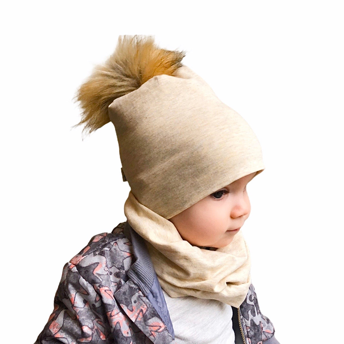 Heather Oatmeal Faux Fur Pom Pom Hat and Infinity Scarf