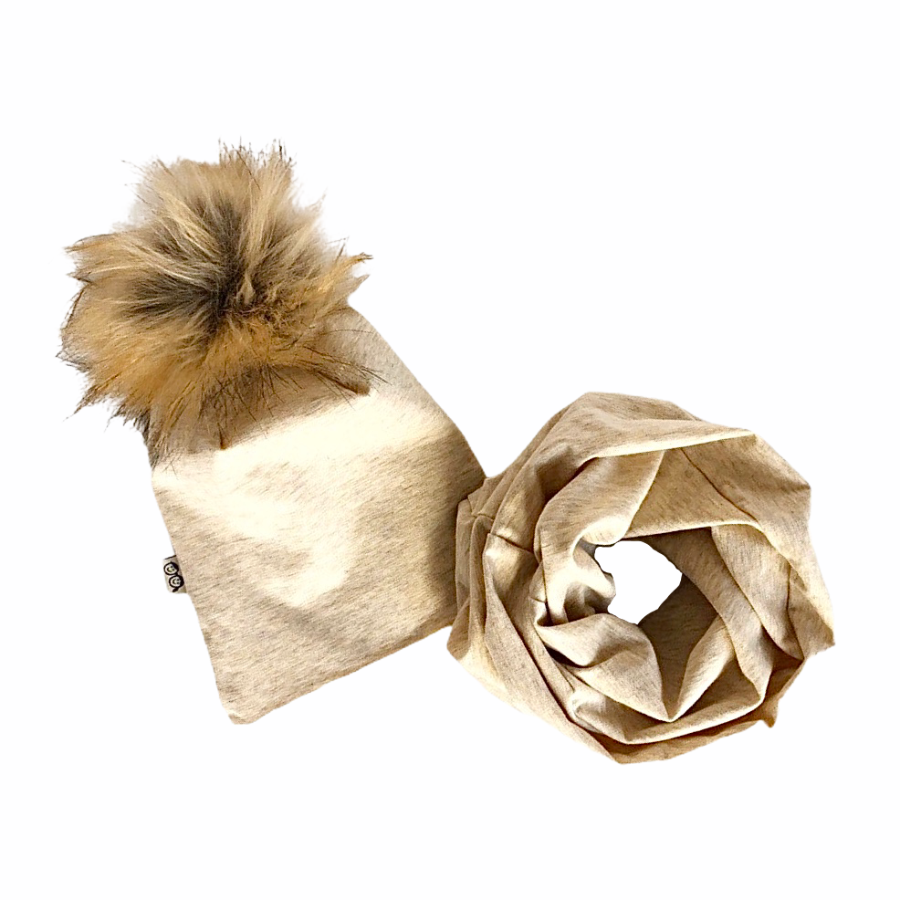 Heather Oatmeal Faux Fur Pom Pom Hat and Infinity Scarf
