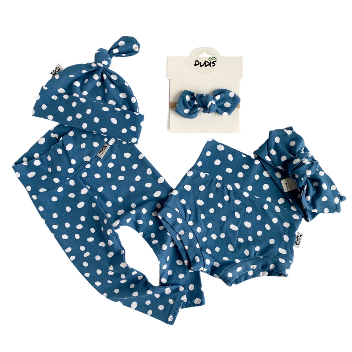 Blue White Abstract Dots Leggings and/or Beanie Knot Hat