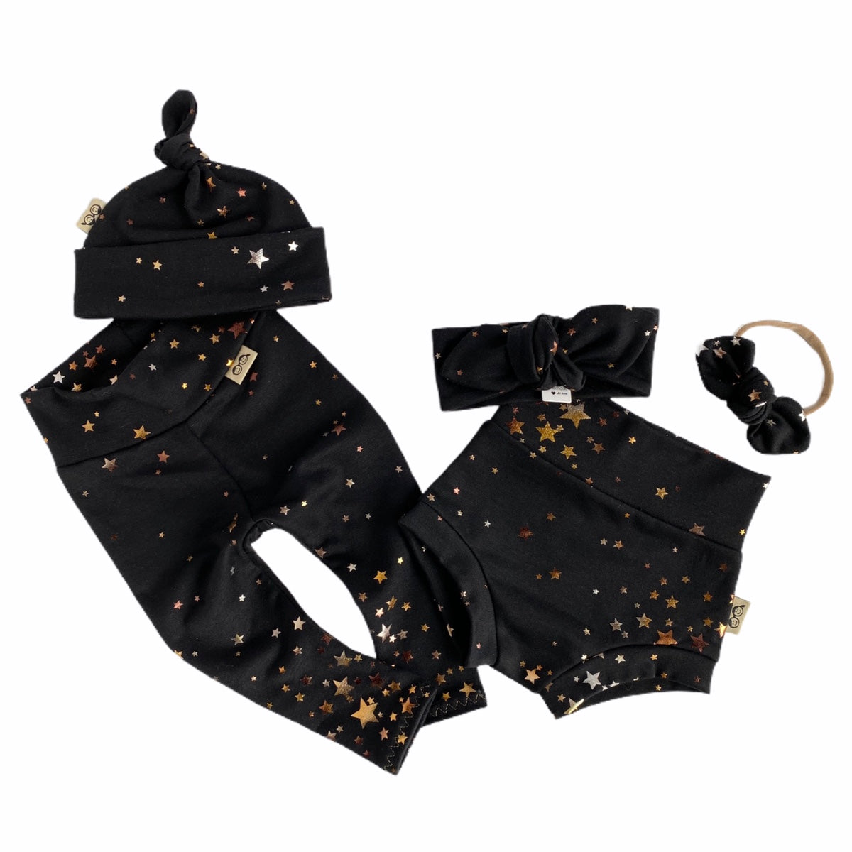 Foil Stars on Black Leggings and/or Knot Beanie Hat