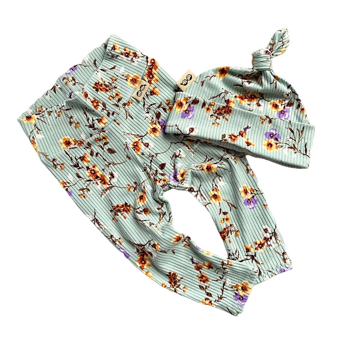 Dried Floral on Sage Ribbed Leggings and/or Knot Beanie Hat