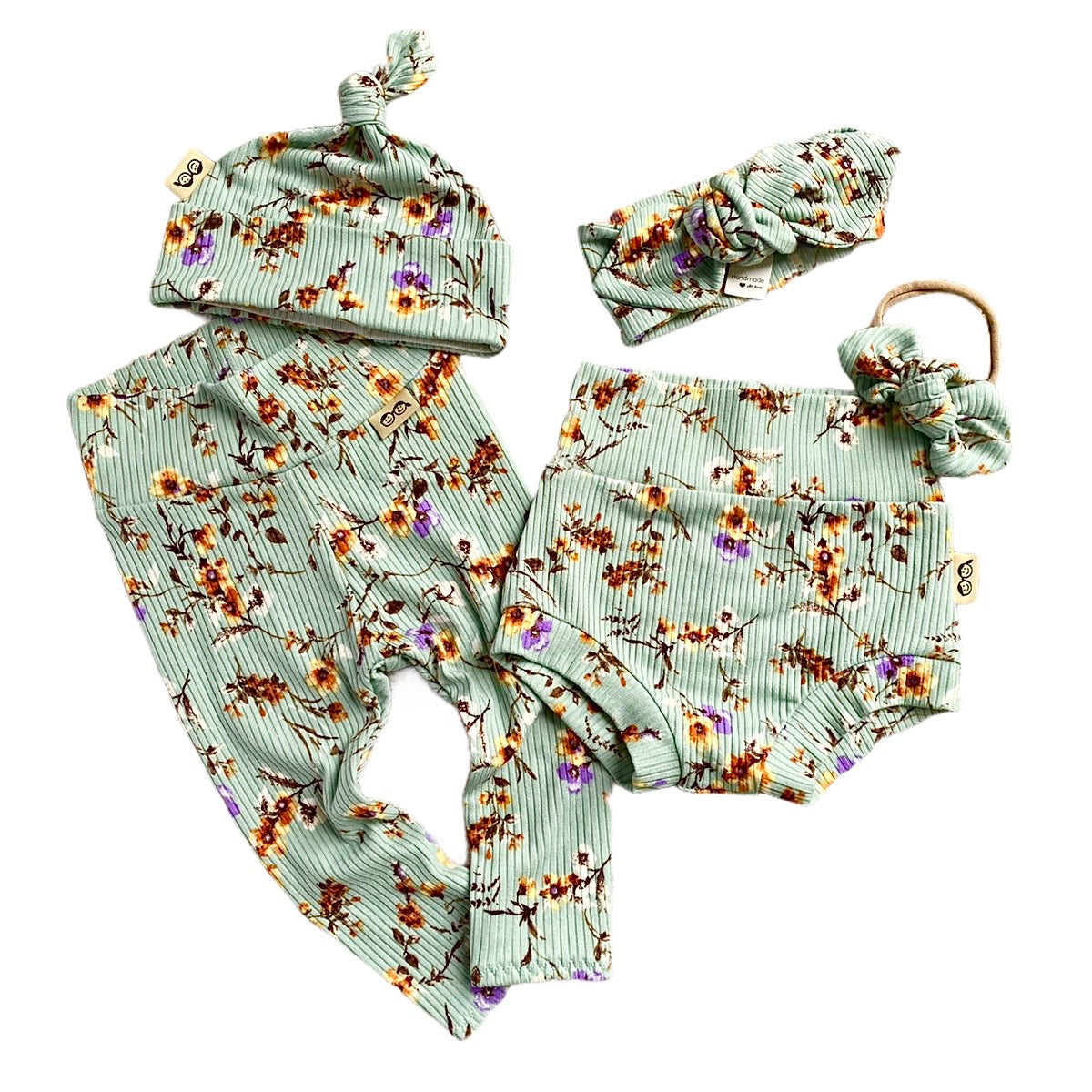Dried Floral on Sage Ribbed Leggings and/or Knot Beanie Hat