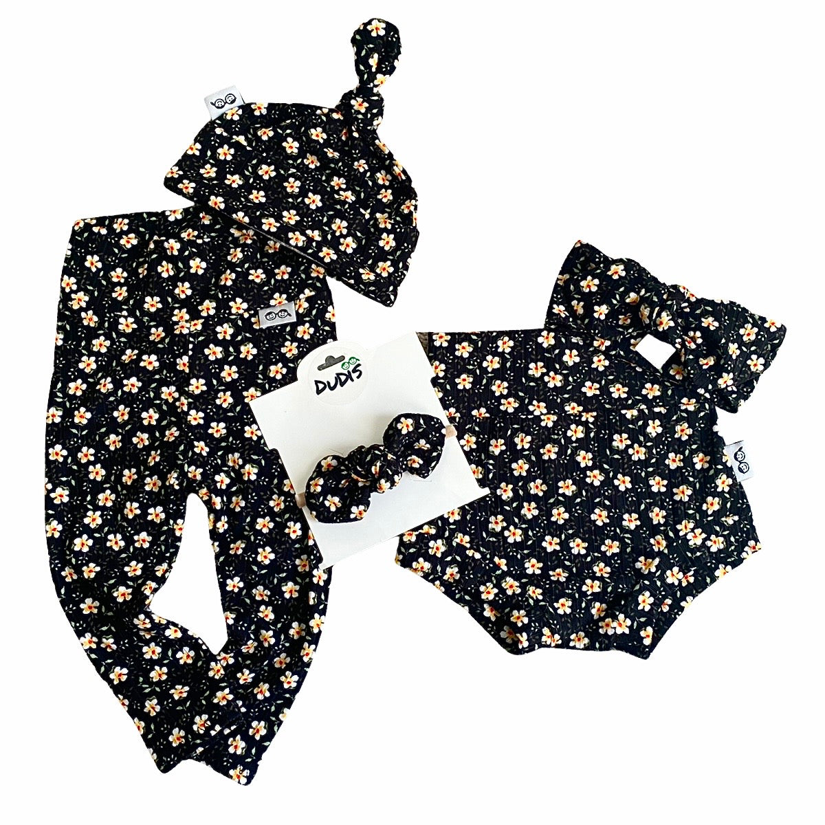 Dainty Floral Black Ribbed Leggings and/or Beanie Knot Hat