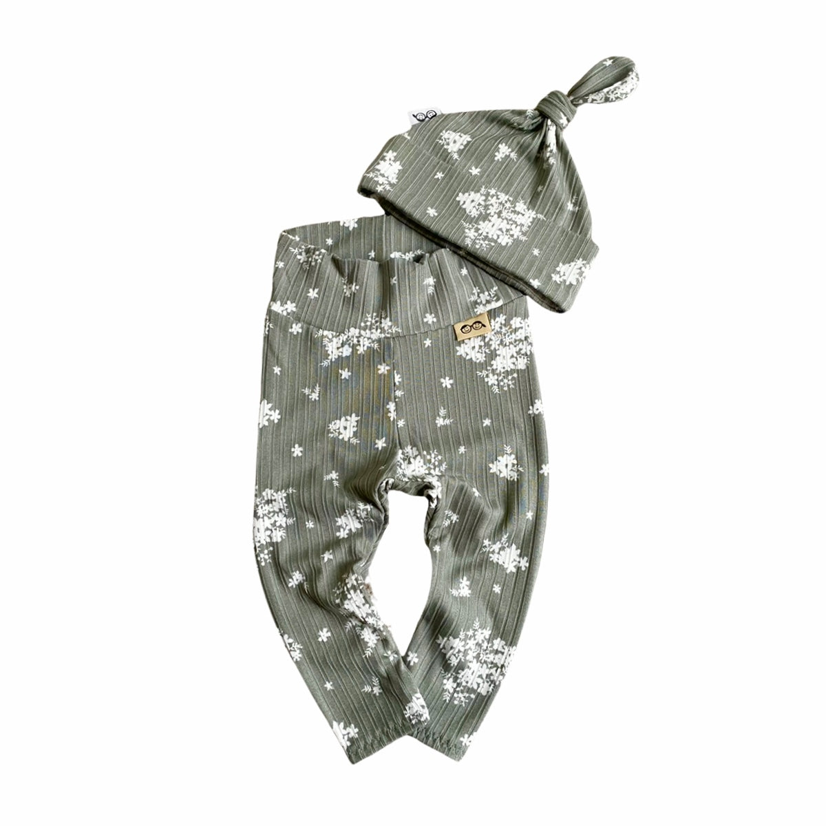 Minimal Floral Olive Ribbed Leggings and/or Beanie Knot Hat