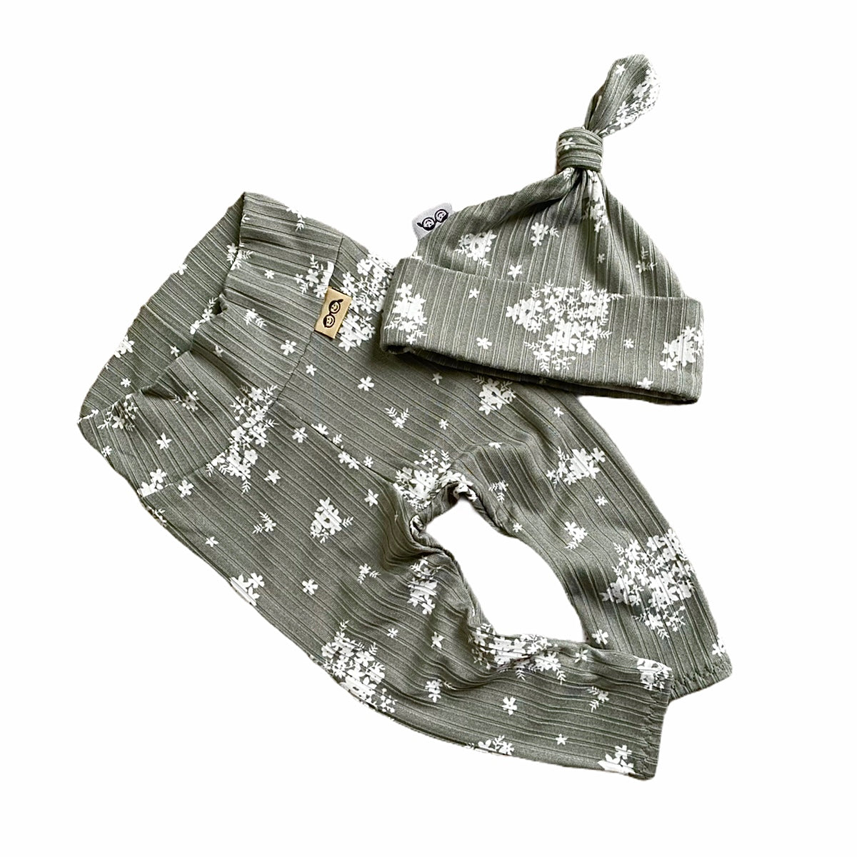 Minimal Floral Olive Ribbed Leggings and/or Beanie Knot Hat