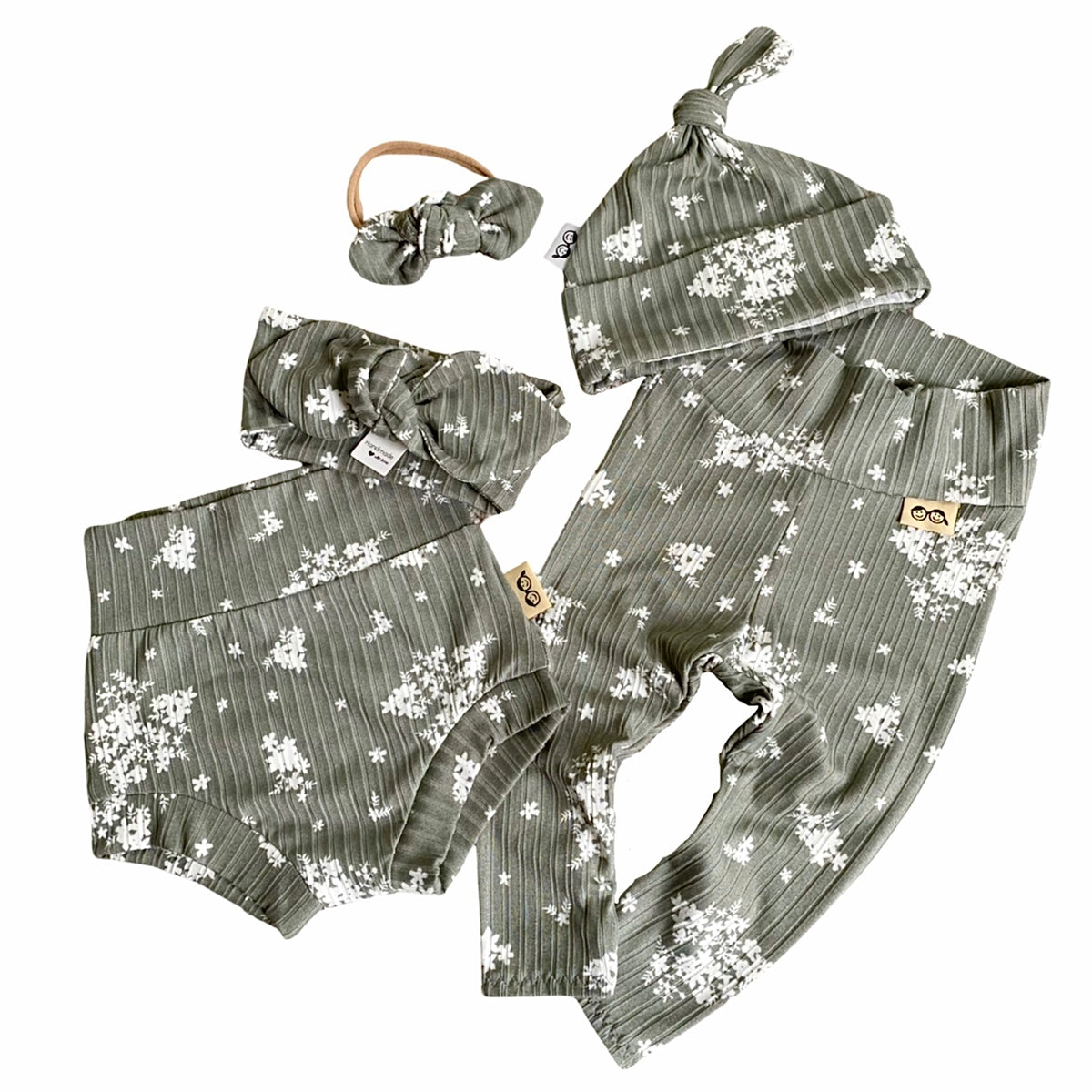 Minimal Floral Olive Ribbed Leggings and/or Beanie Knot Hat