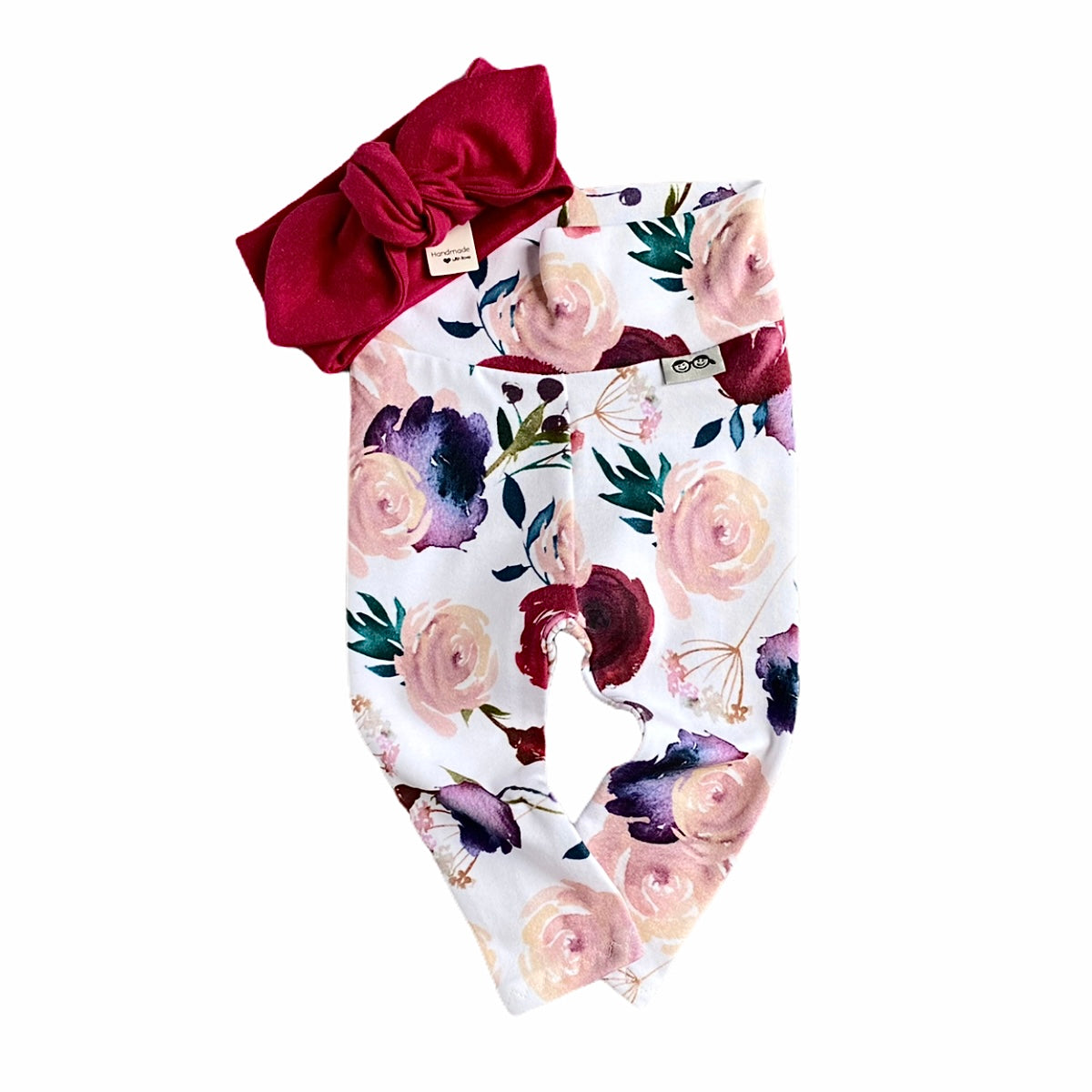Burgundy Watercolor Floral Leggings with Burgundy Headband