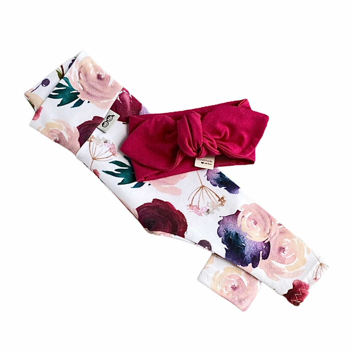 Burgundy Watercolor Floral Leggings with Burgundy Headband