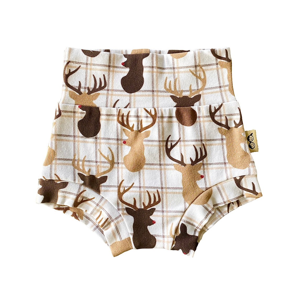 Reindeer plaid baby bummies featuring festive Christmas design, perfect for baby and toddler holiday outfits.