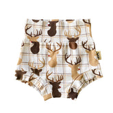 Reindeer plaid baby bummies featuring festive Christmas design, perfect for baby and toddler holiday outfits.