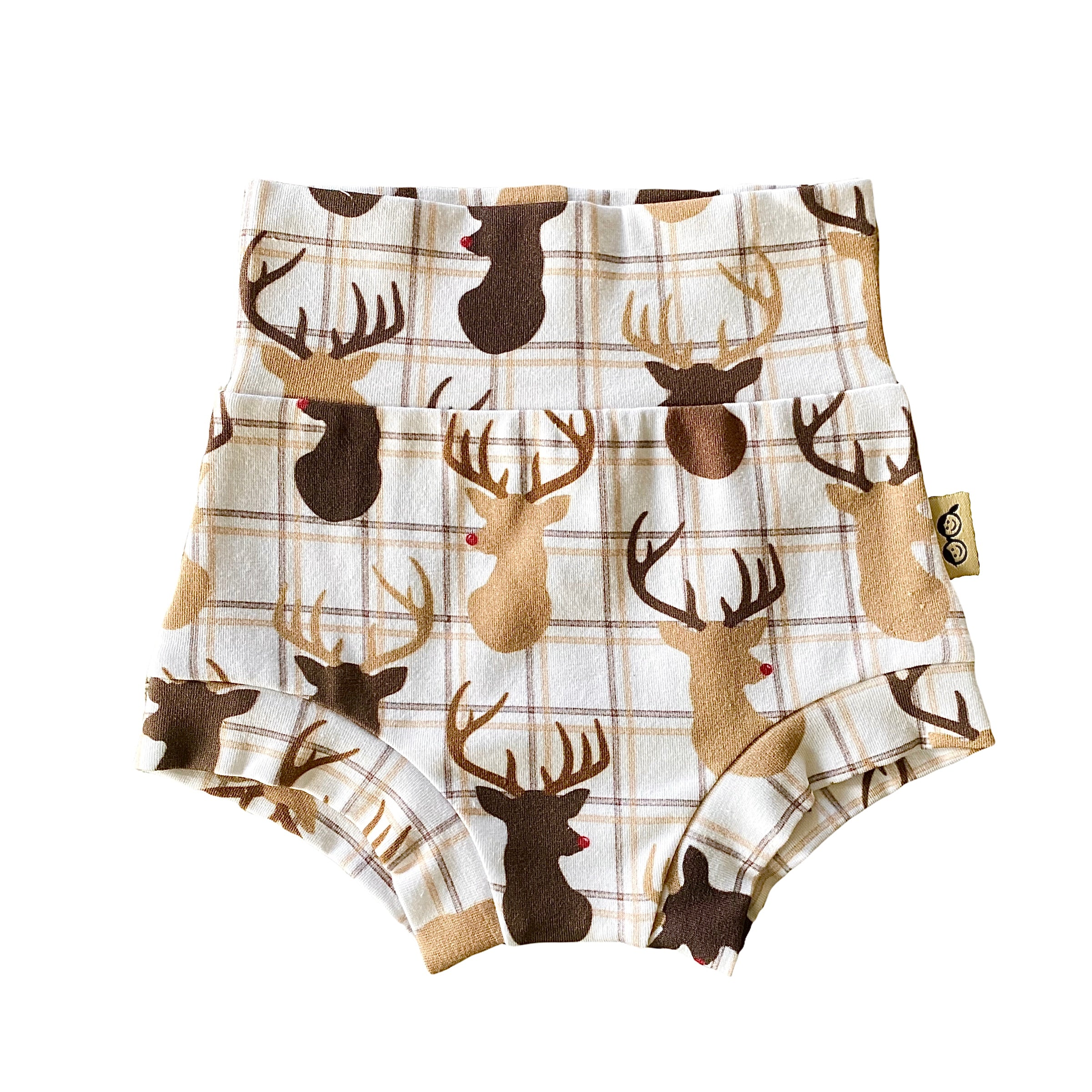 Reindeer plaid baby bummies featuring festive Christmas design, perfect for baby and toddler holiday outfits.