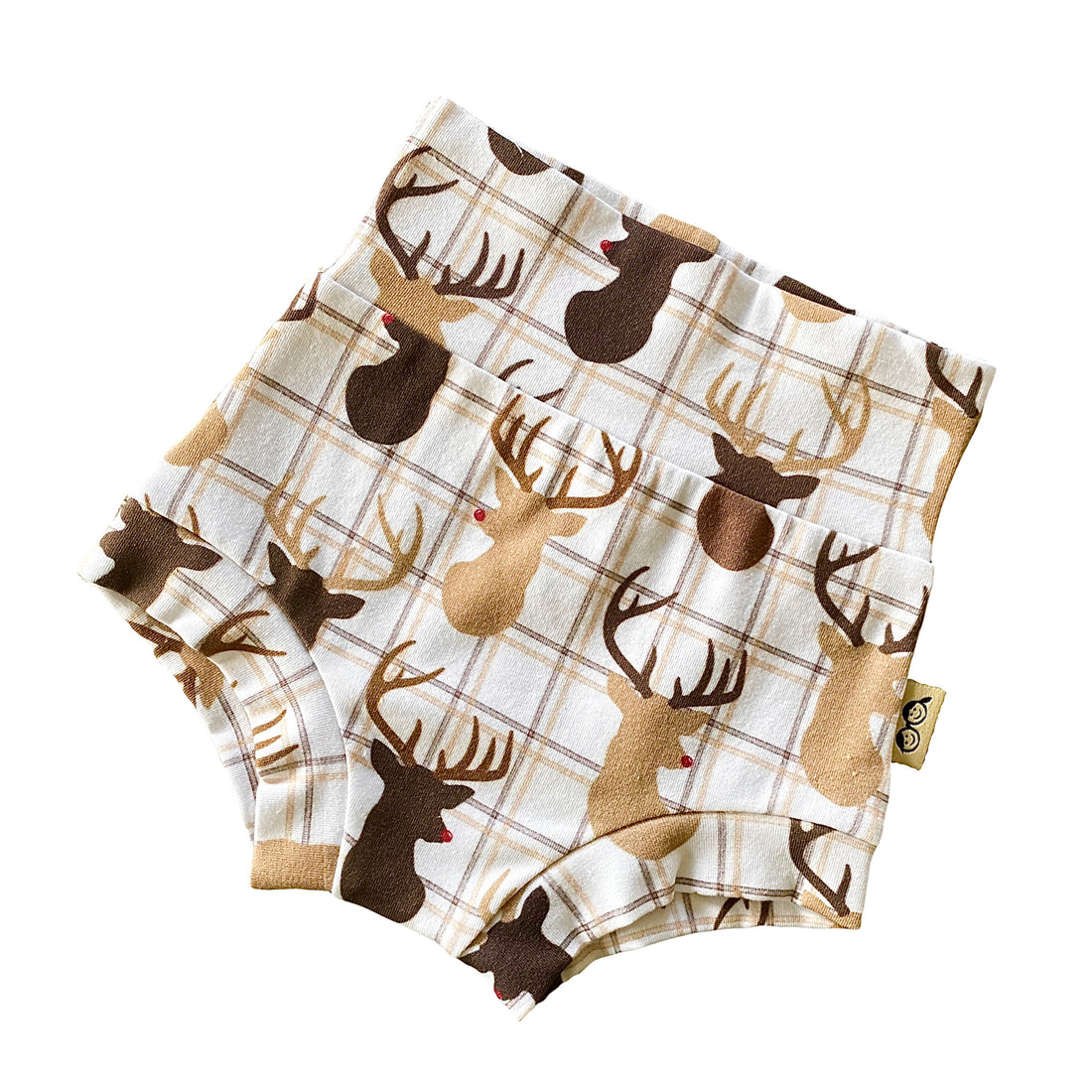 Reindeer plaid baby bummies featuring festive Christmas design, perfect for baby and toddler holiday outfits.