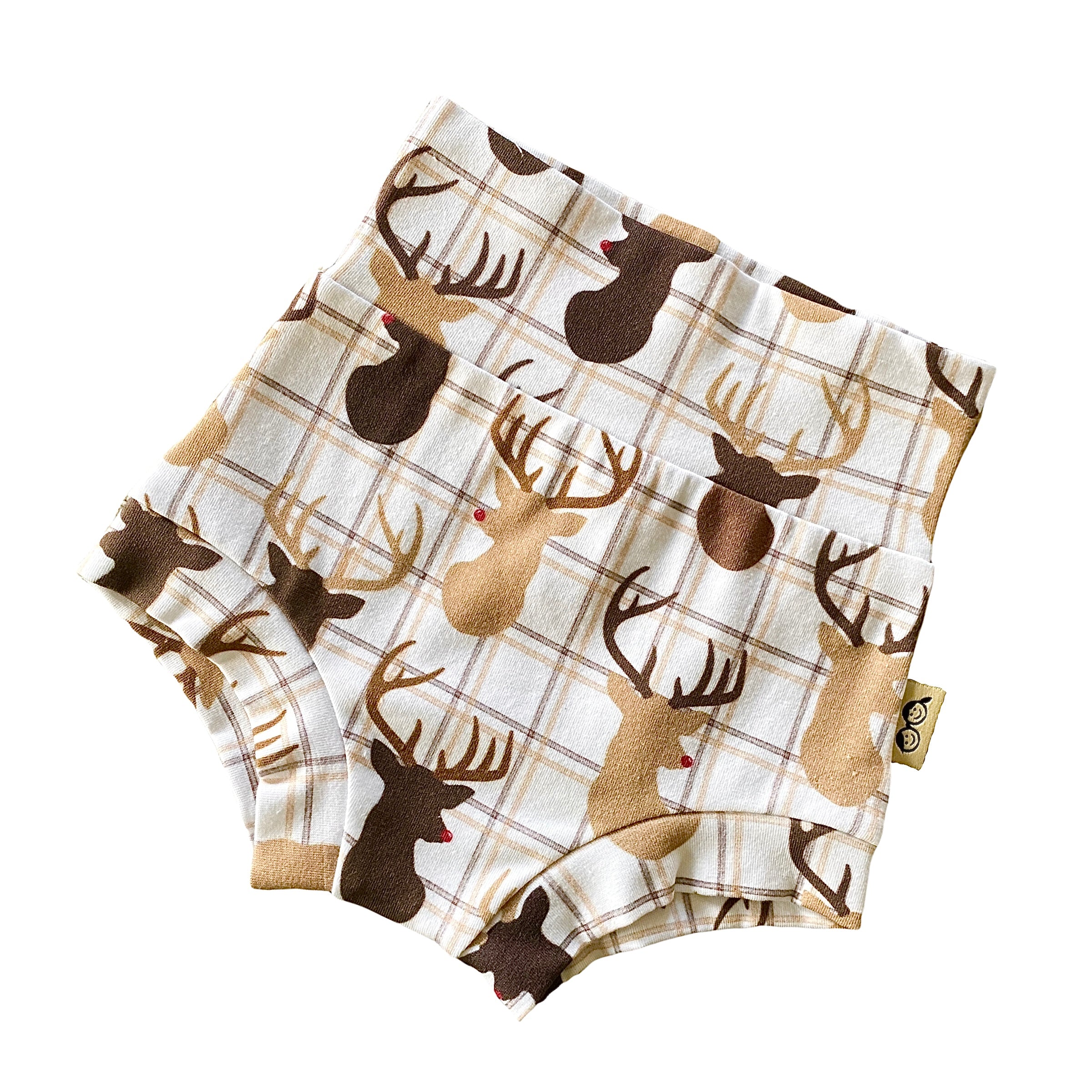 Reindeer plaid baby bummies featuring festive Christmas design, perfect for baby and toddler holiday outfits.