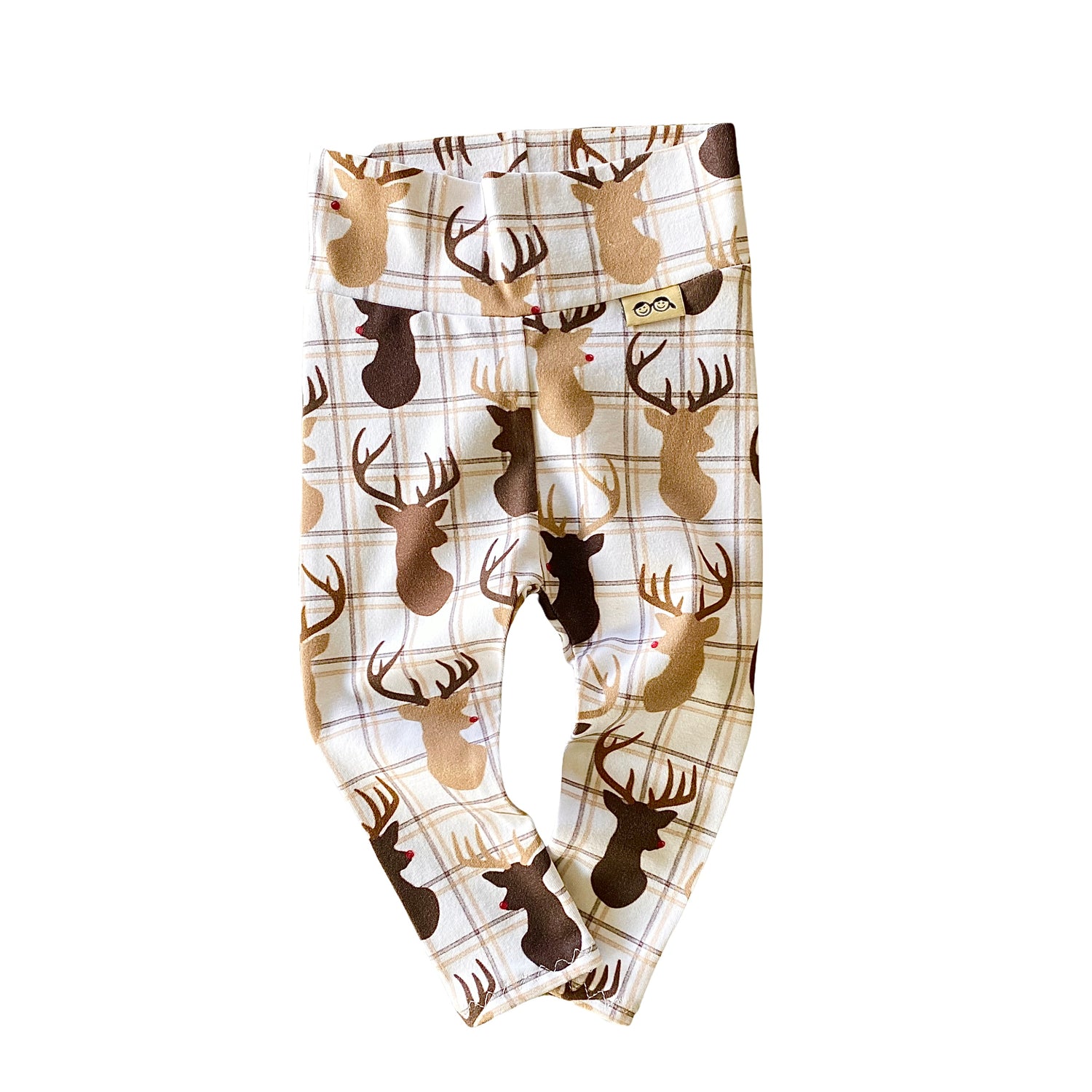 reindeer plaid leggings for babies and toddlers, featuring a festive holiday design for Christmas and winter wear.