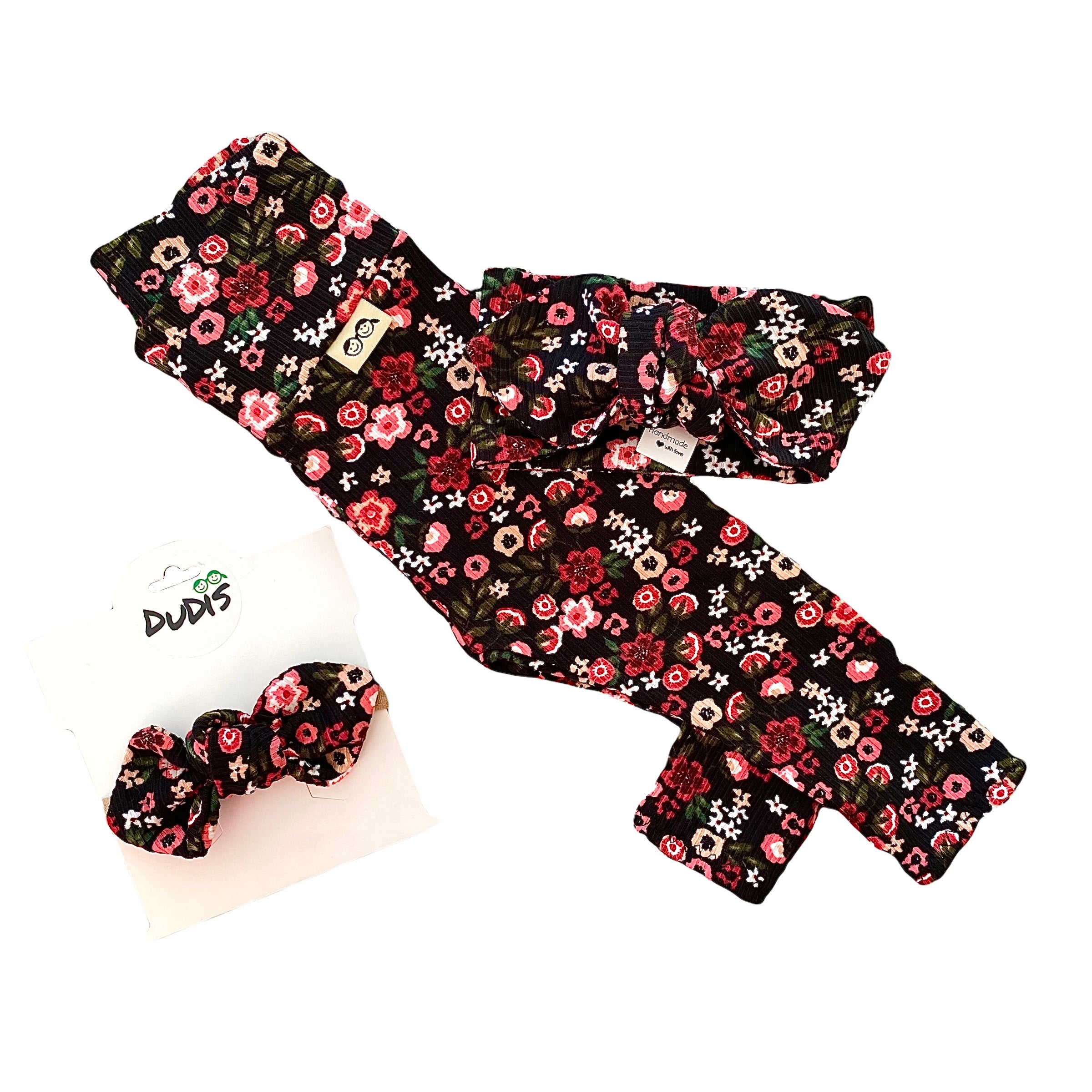 Groovy Dainty Florals on Black Rib Leggings and/or Headbands