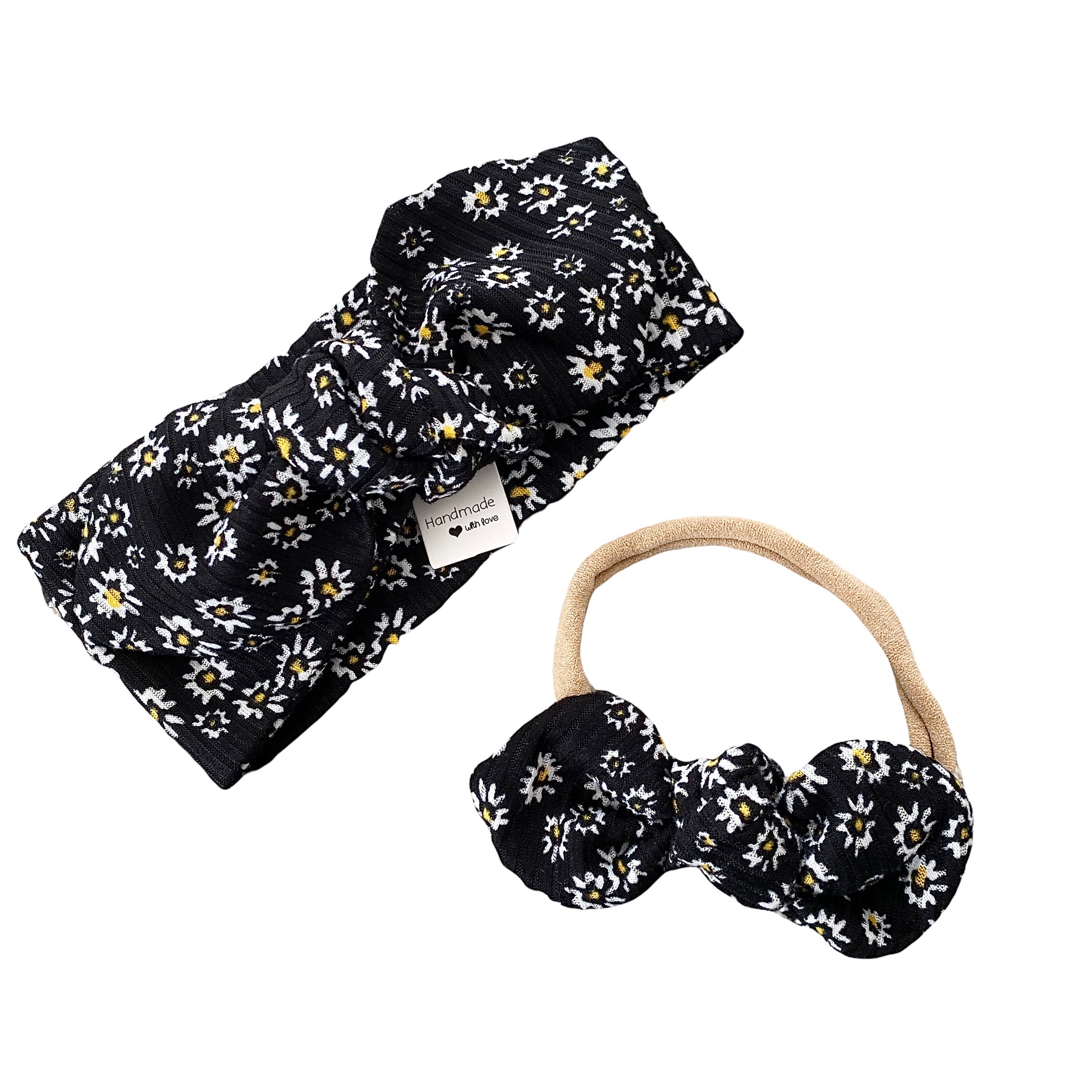 Dainty Daisies on Black Rib Bummies and/or Headbands