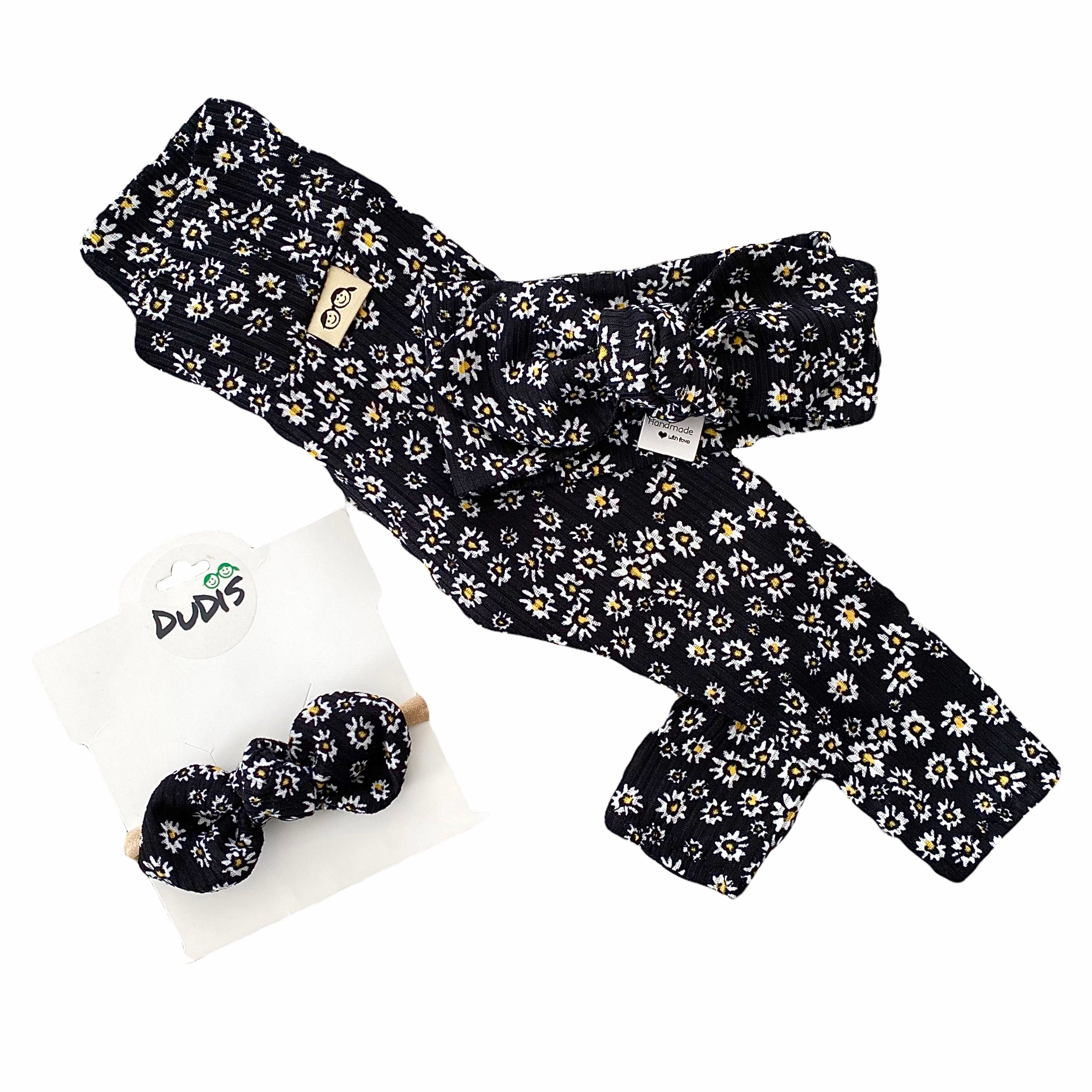 Dainty Daisies on Black Rib Leggings and/or Headbands