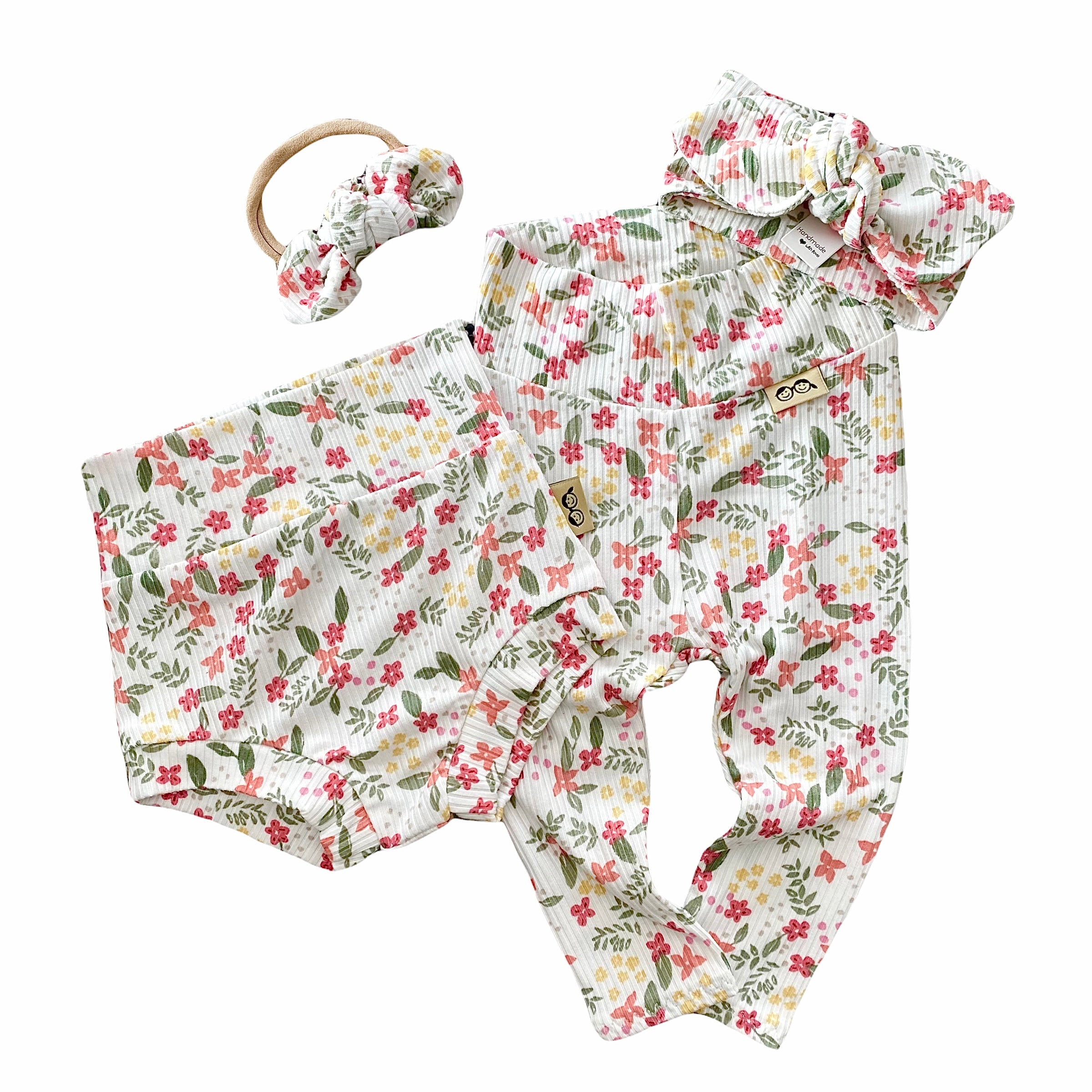Colorful Dainty Flowers on White Leggings and/or Knot Beanie