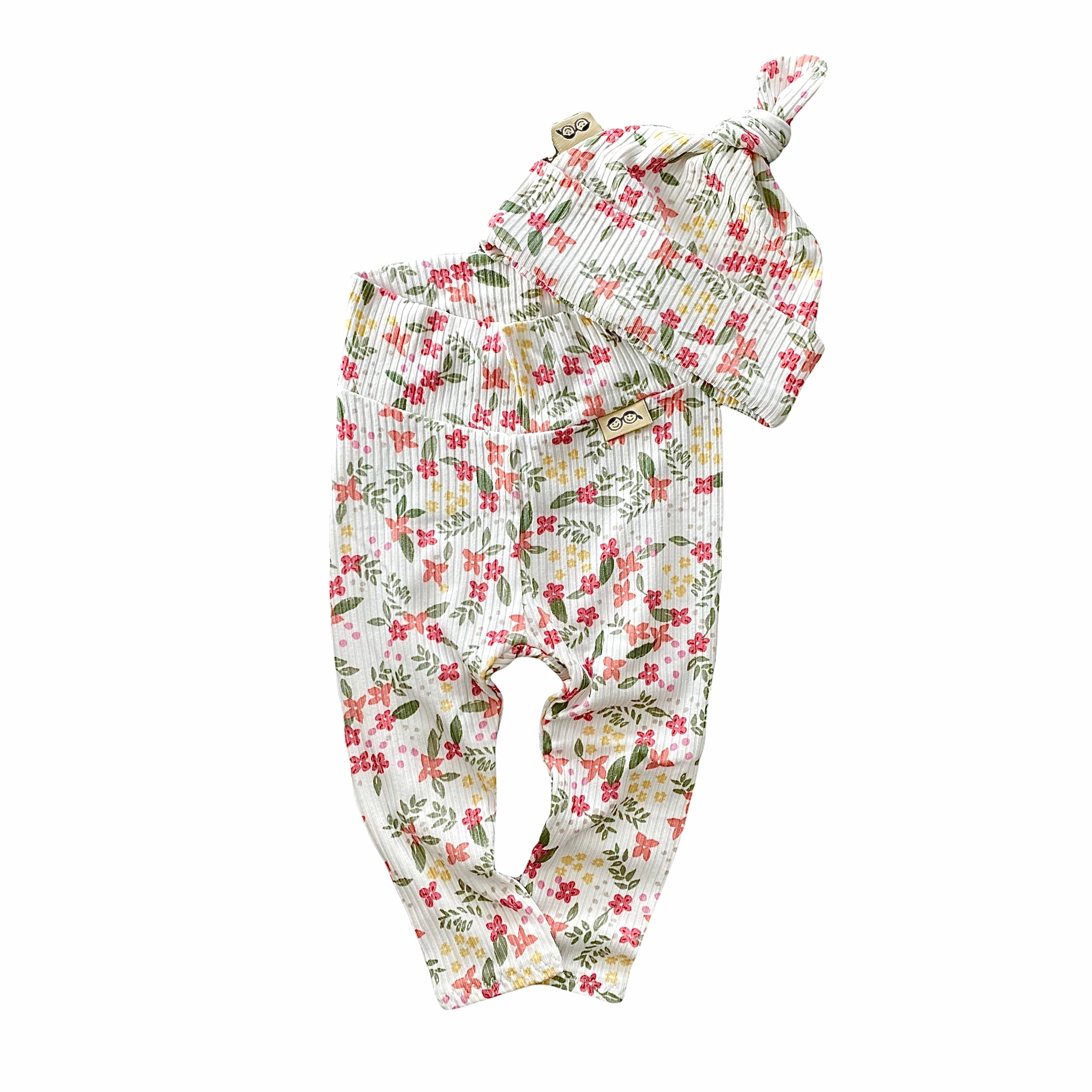 Colorful Dainty Flowers on White Leggings and/or Knot Beanie