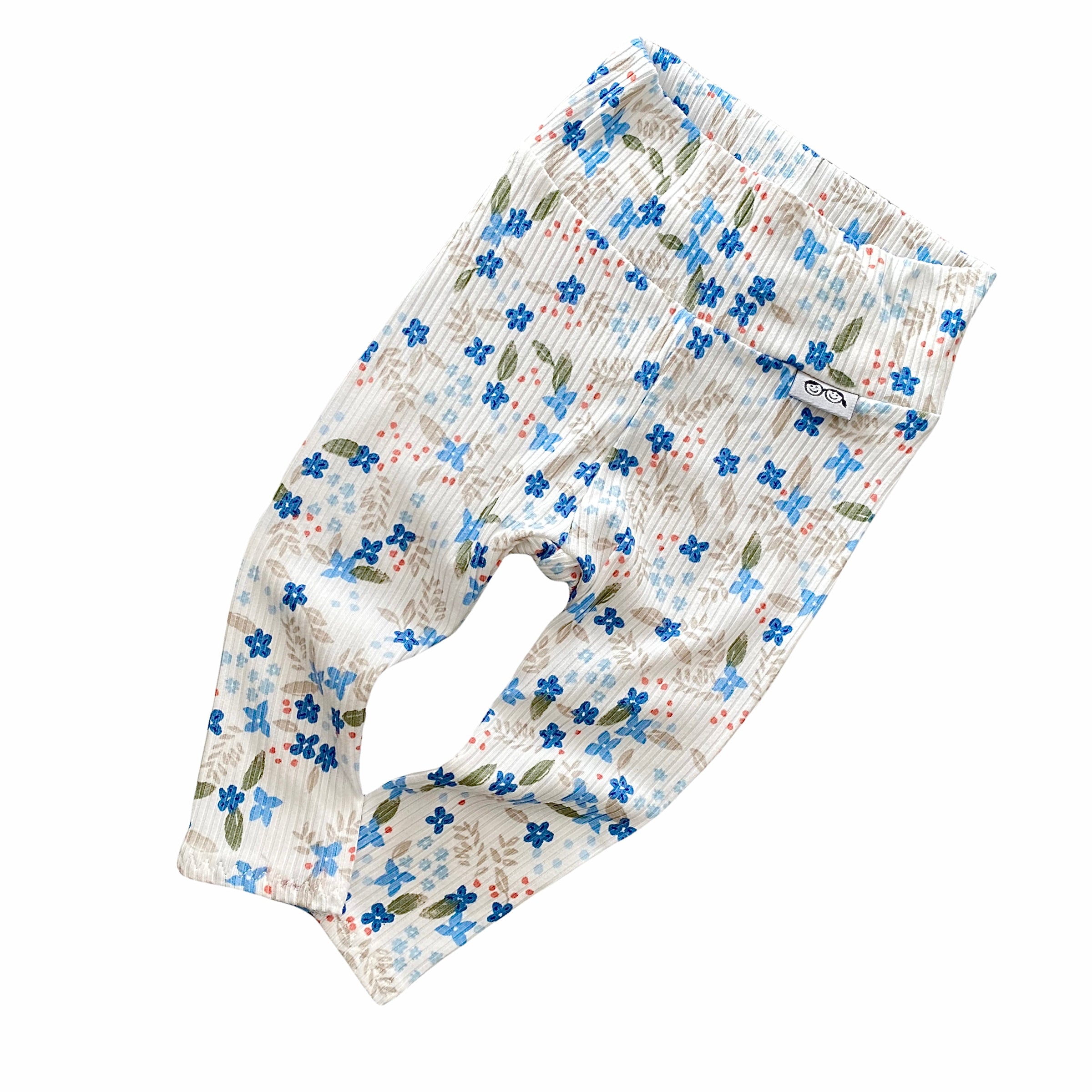 Blue Tone Dainty Flowers on White Ribbed Leggings and/or Knot Beanie