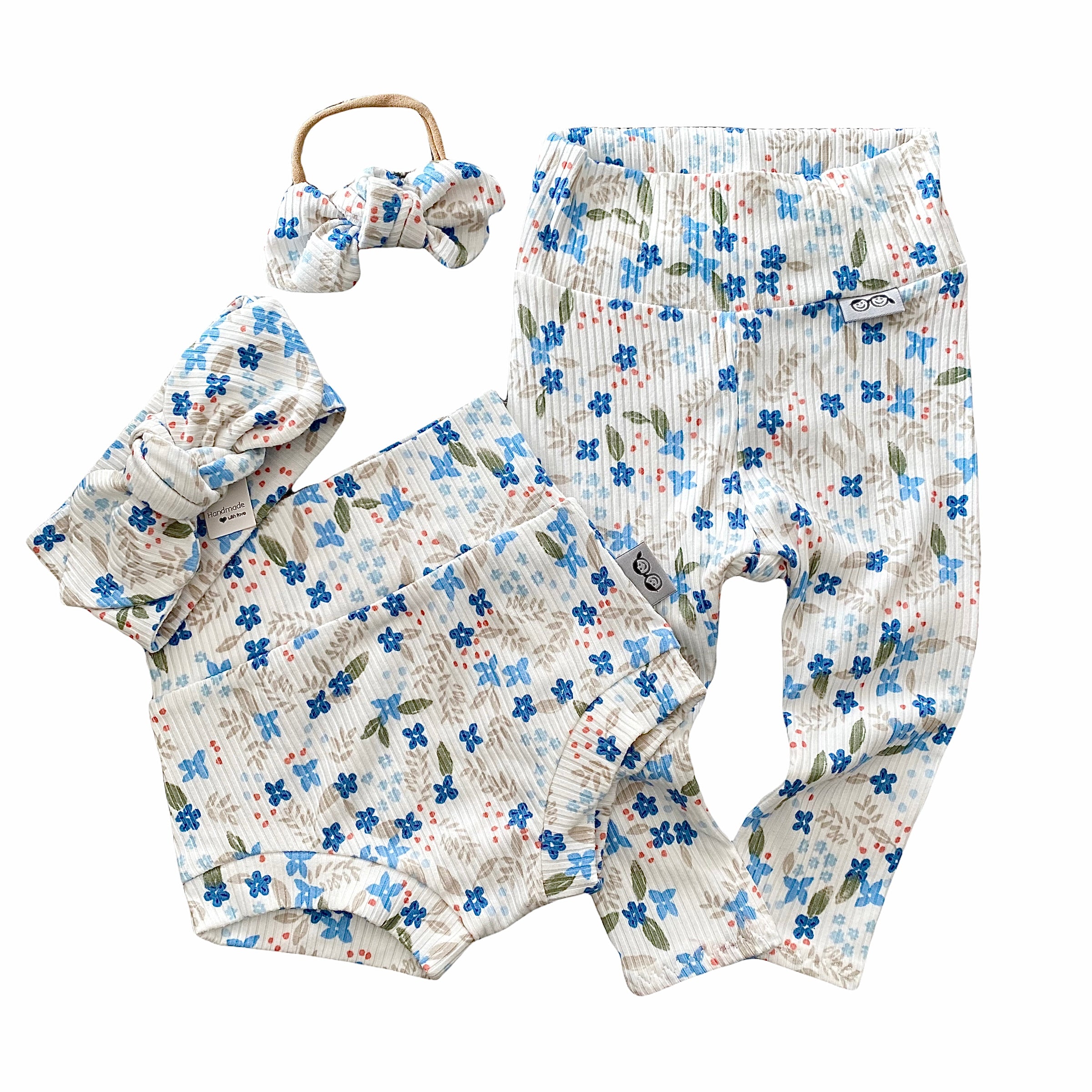 Blue Tone Dainty Flowers on White Ribbed Leggings and/or Knot Beanie