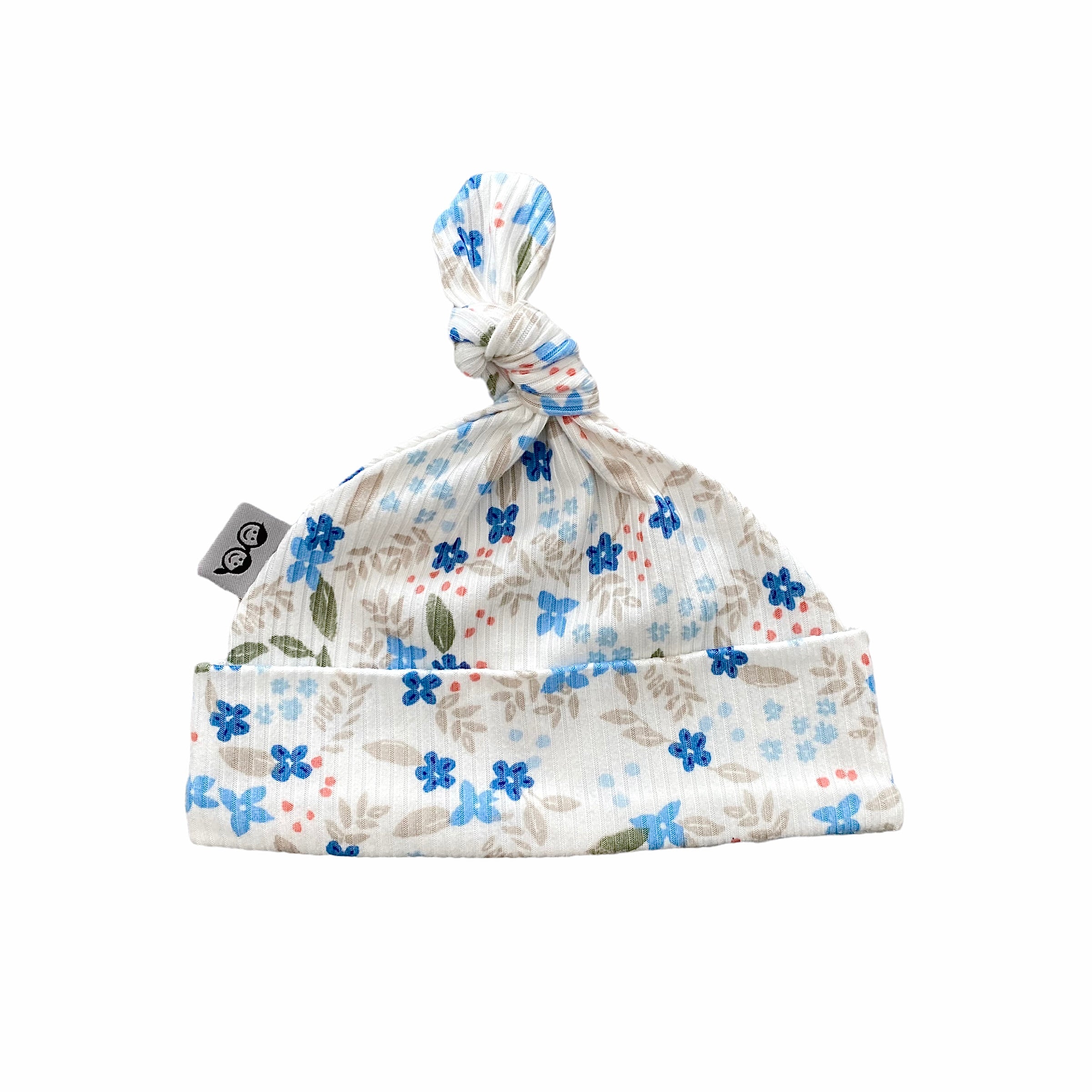 Blue Tone Dainty Flowers on White Ribbed Leggings and/or Knot Beanie