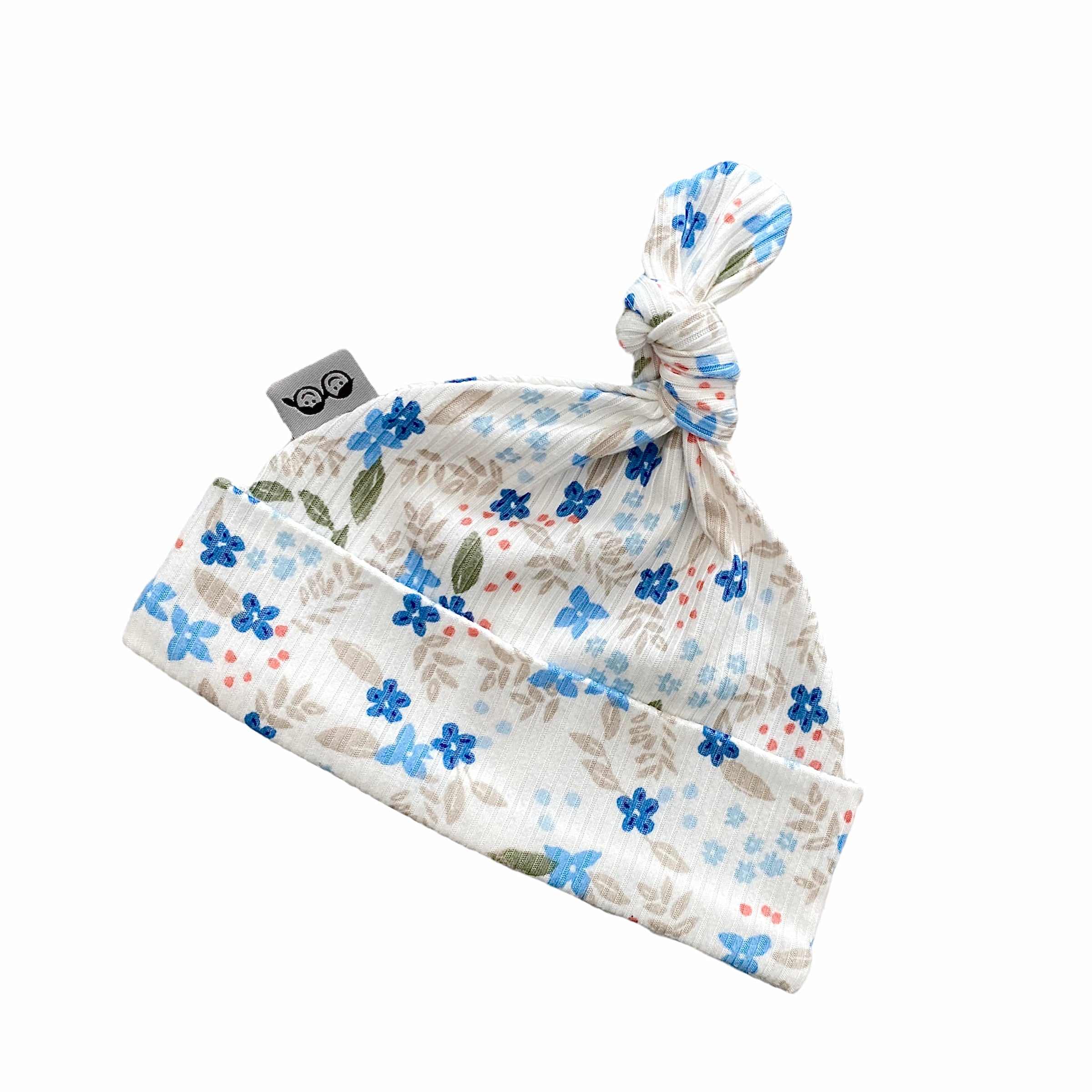 Blue Tone Dainty Flowers on White Ribbed Leggings and/or Knot Beanie