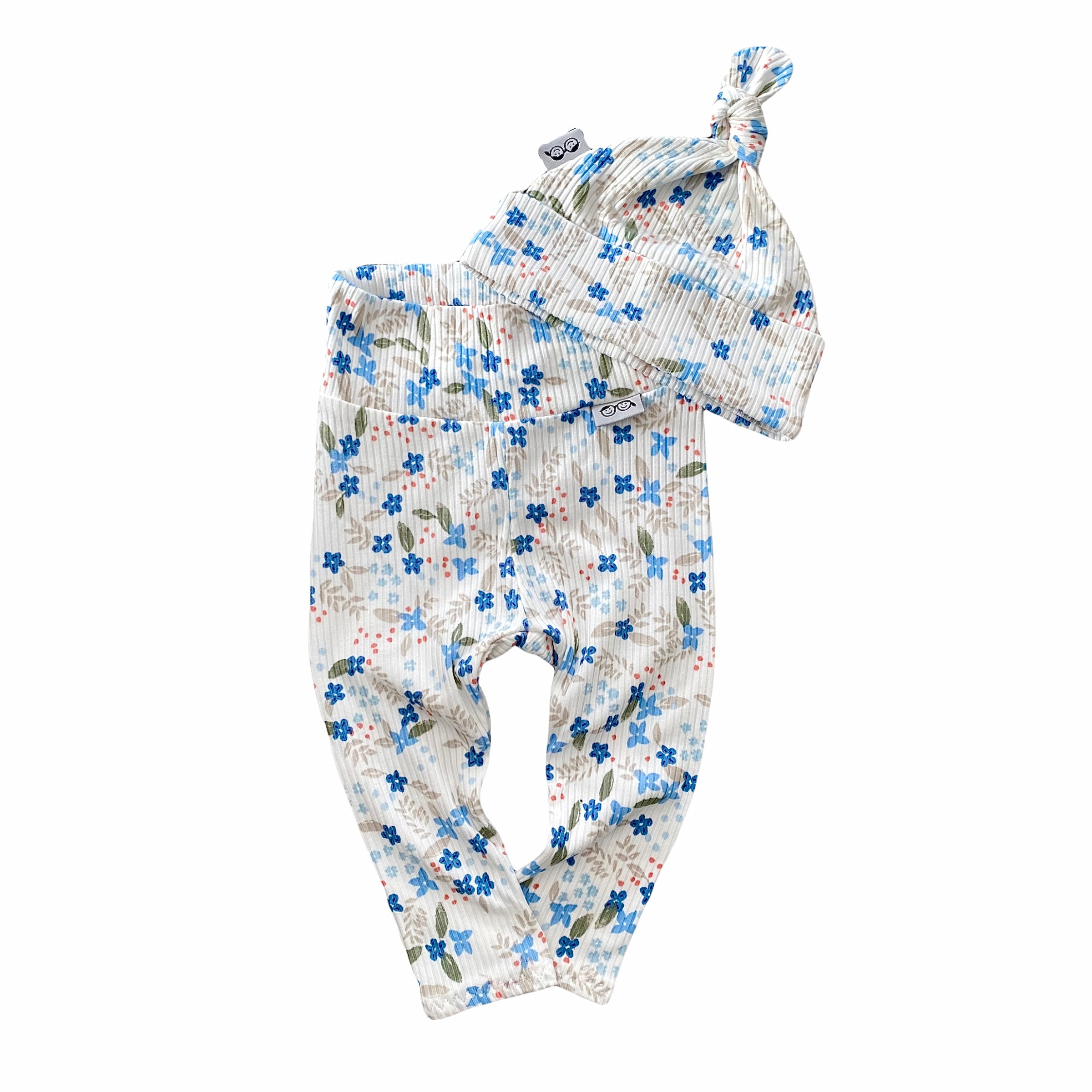 Blue Tone Dainty Flowers on White Ribbed Leggings and/or Knot Beanie