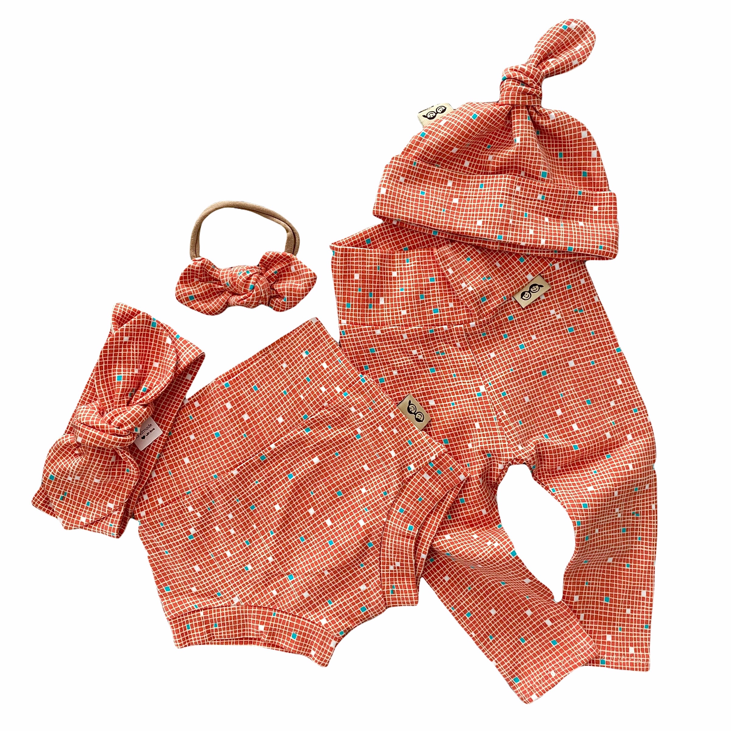 Tiny Squares on Coral Leggings and/or Knot Beanie