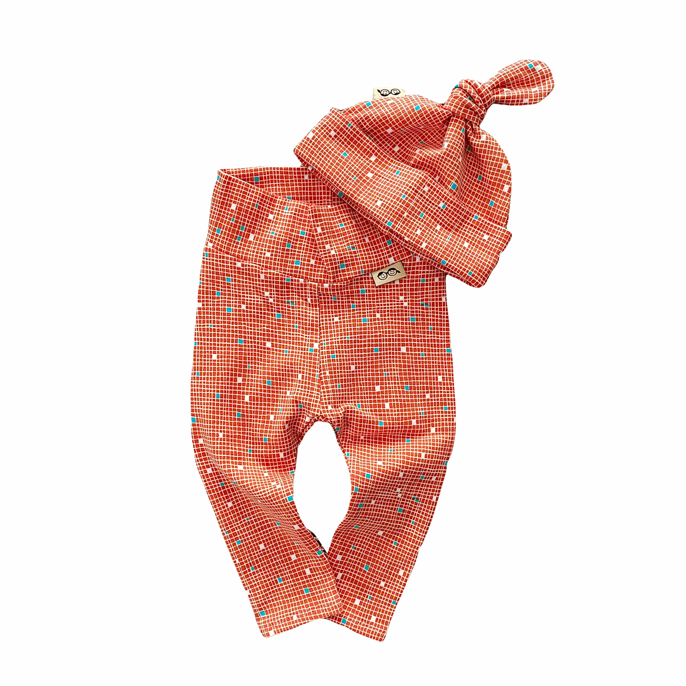 Tiny Squares on Coral Leggings and/or Knot Beanie
