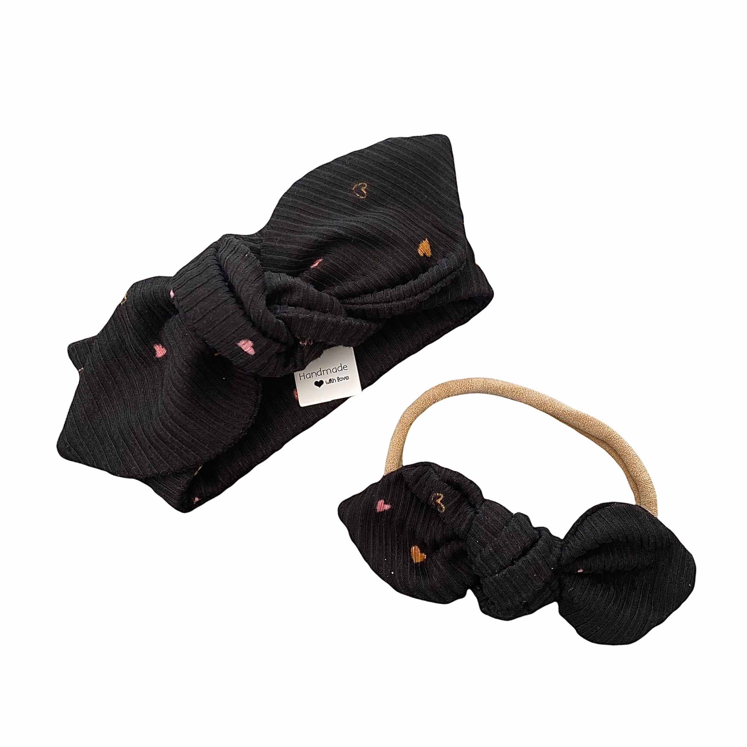 Dainty Hearts on Black Ribbed Headbands