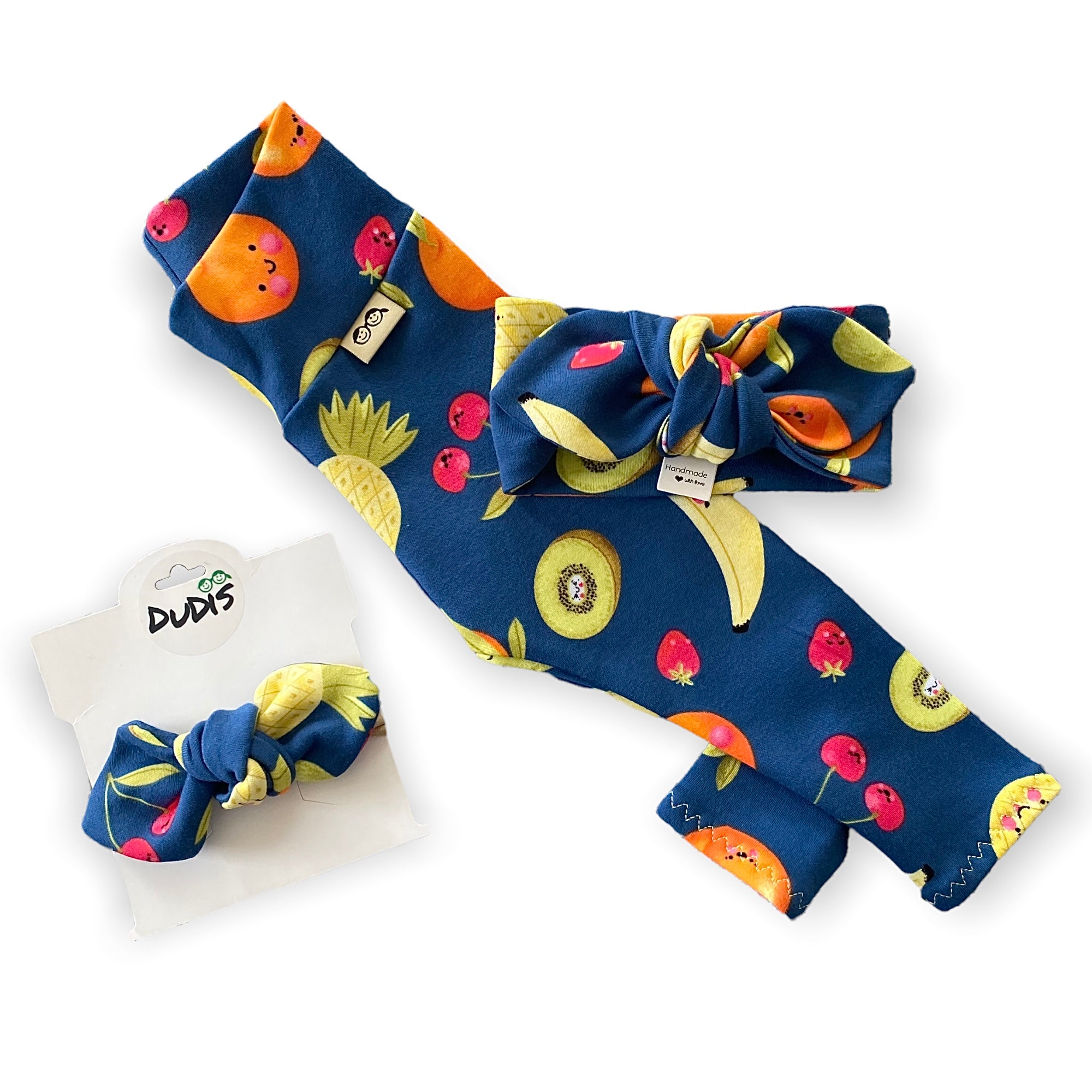 Fun Fruits on Blue Leggings and/or Headbands