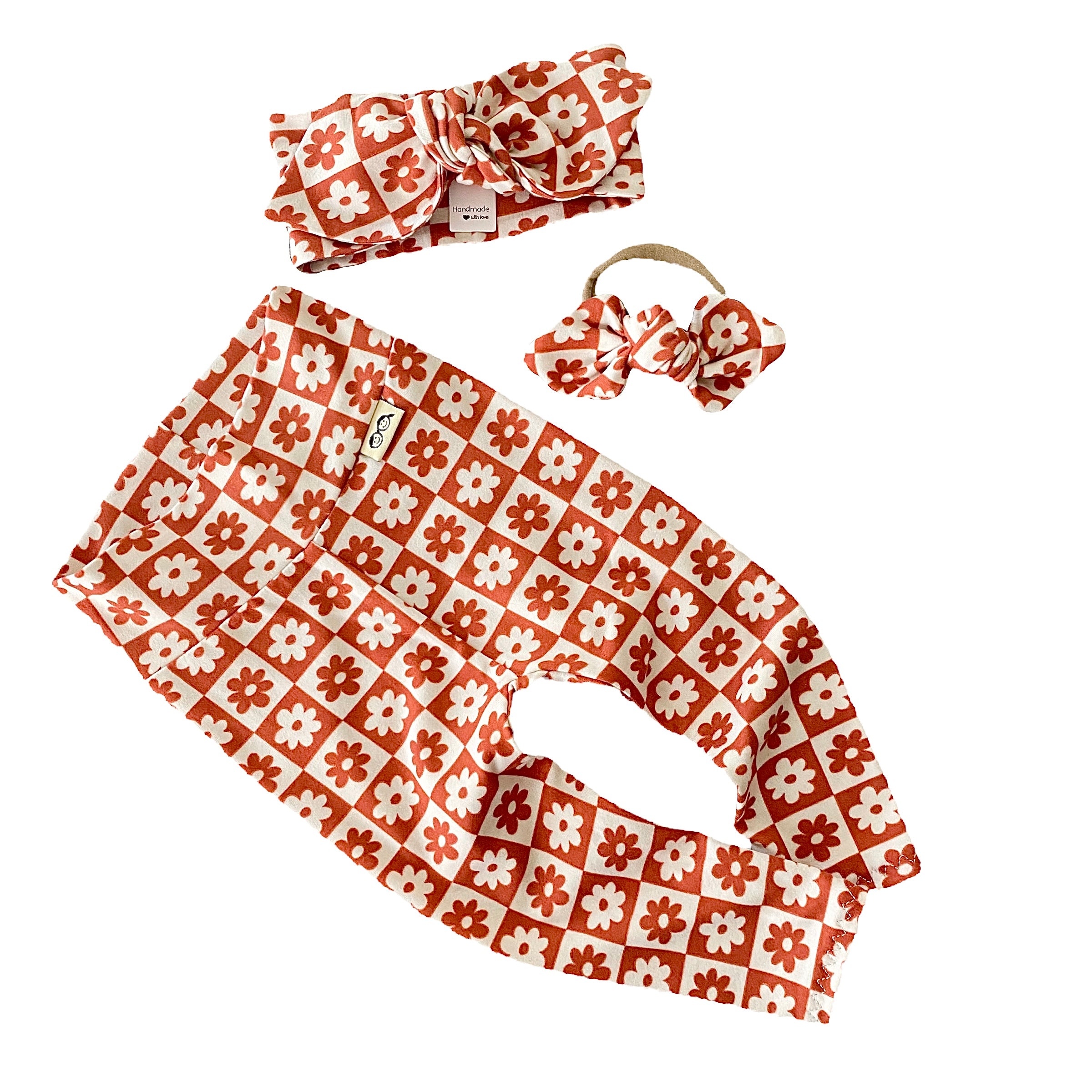 Orange and Ivory Checkered Florals Leggings and/or Headbands