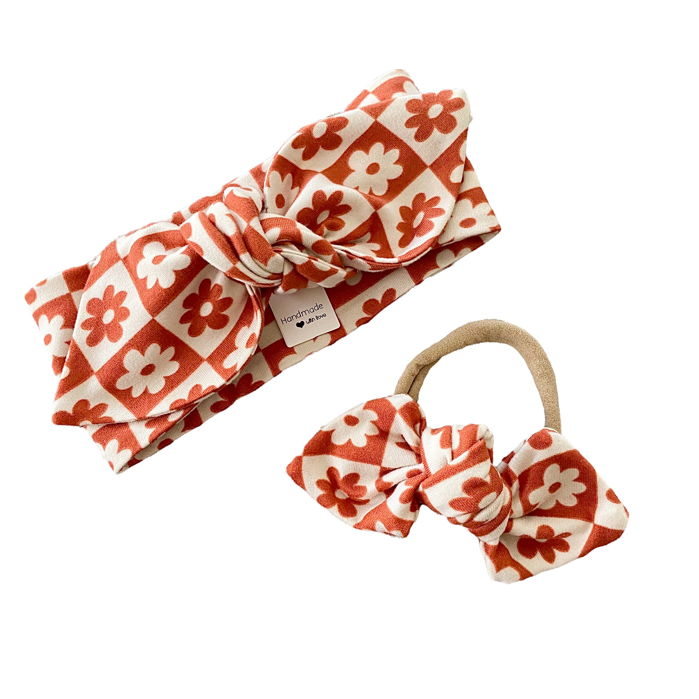 Orange and Ivory Checkered Florals Leggings and/or Headbands