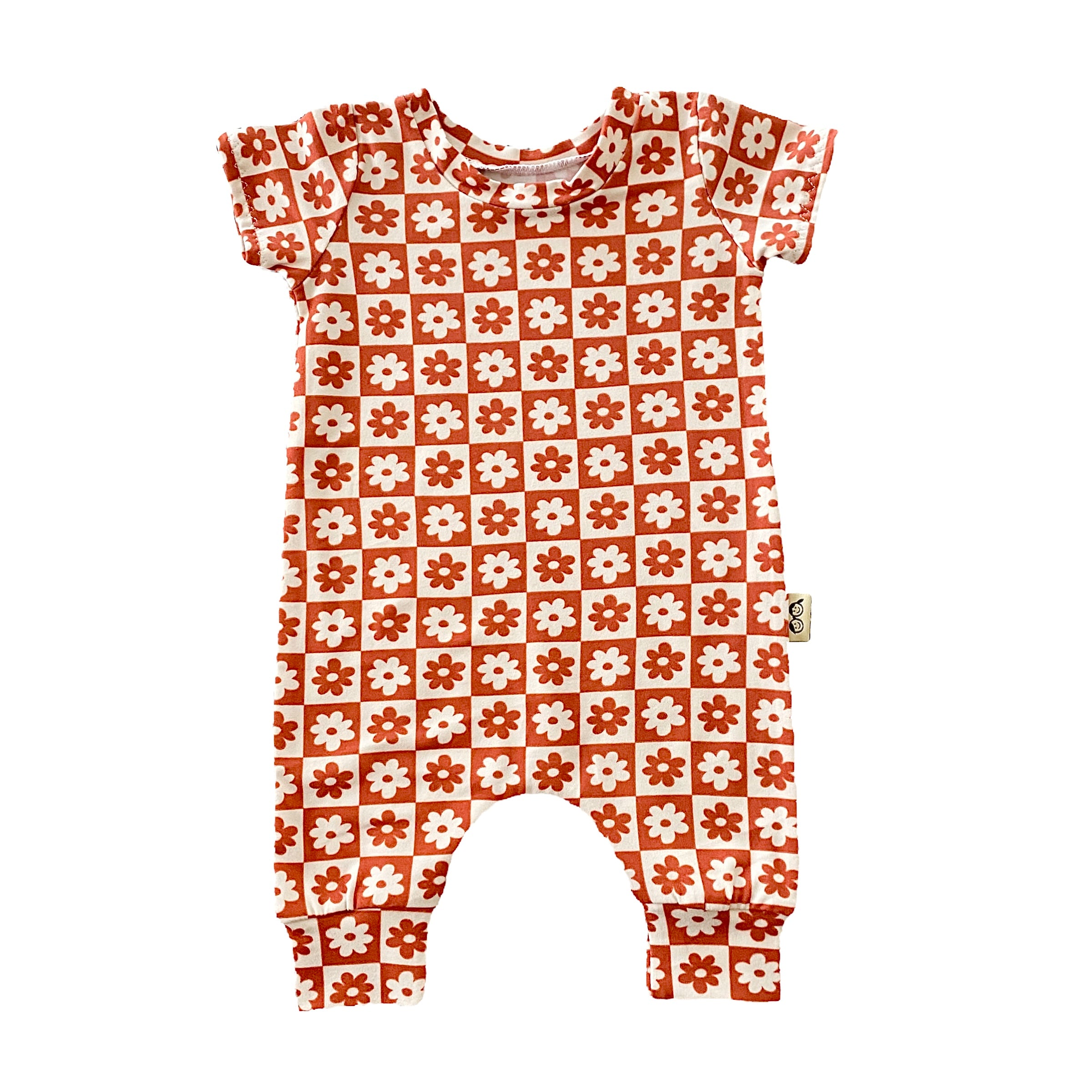 Orange and Ivory Checkered Florals Harem Short-Sleeve Romper